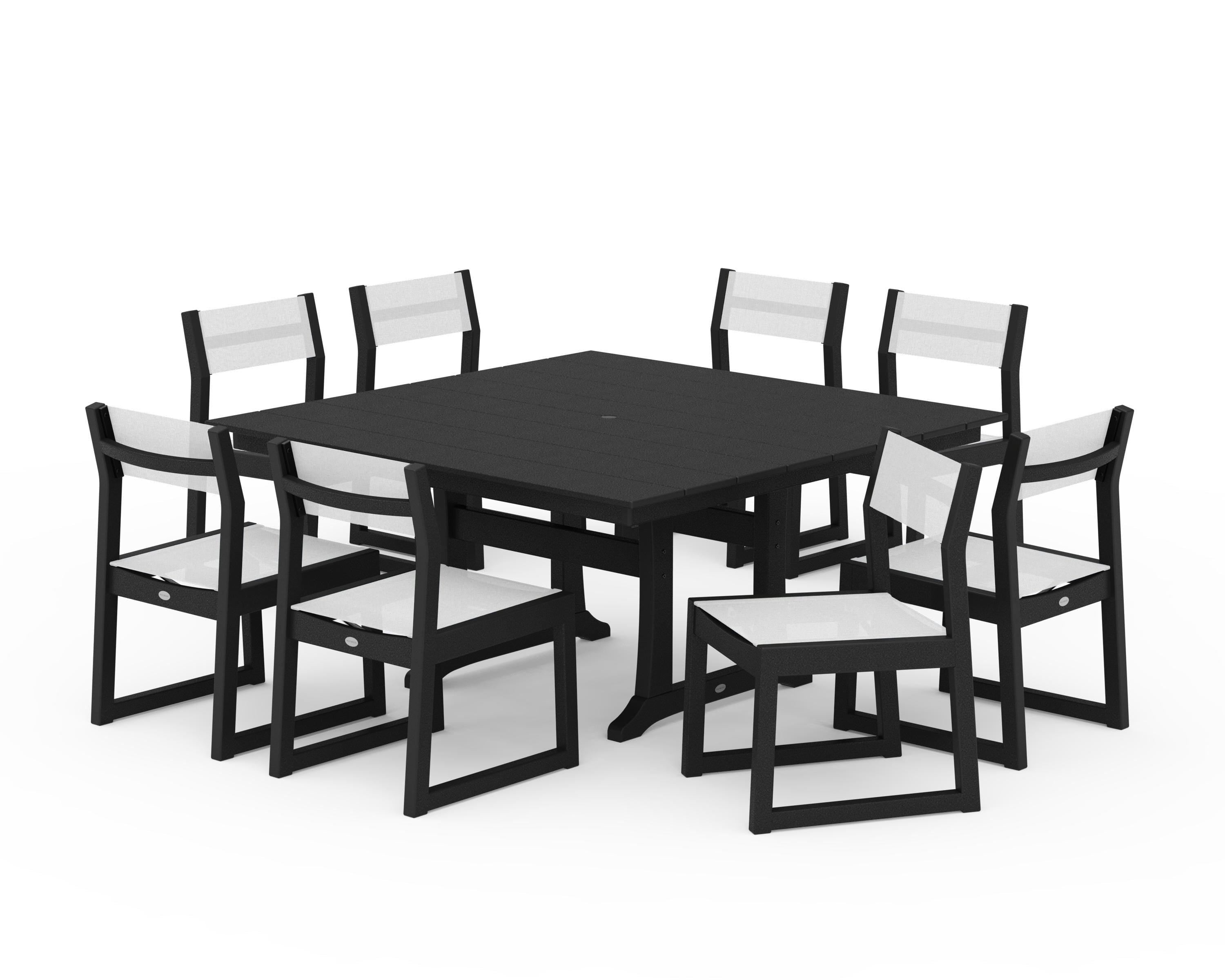 POLYWOOD EDGE Sling Side Chair 9-Piece Farmhouse Trestle Dining Set in Black / White Sling