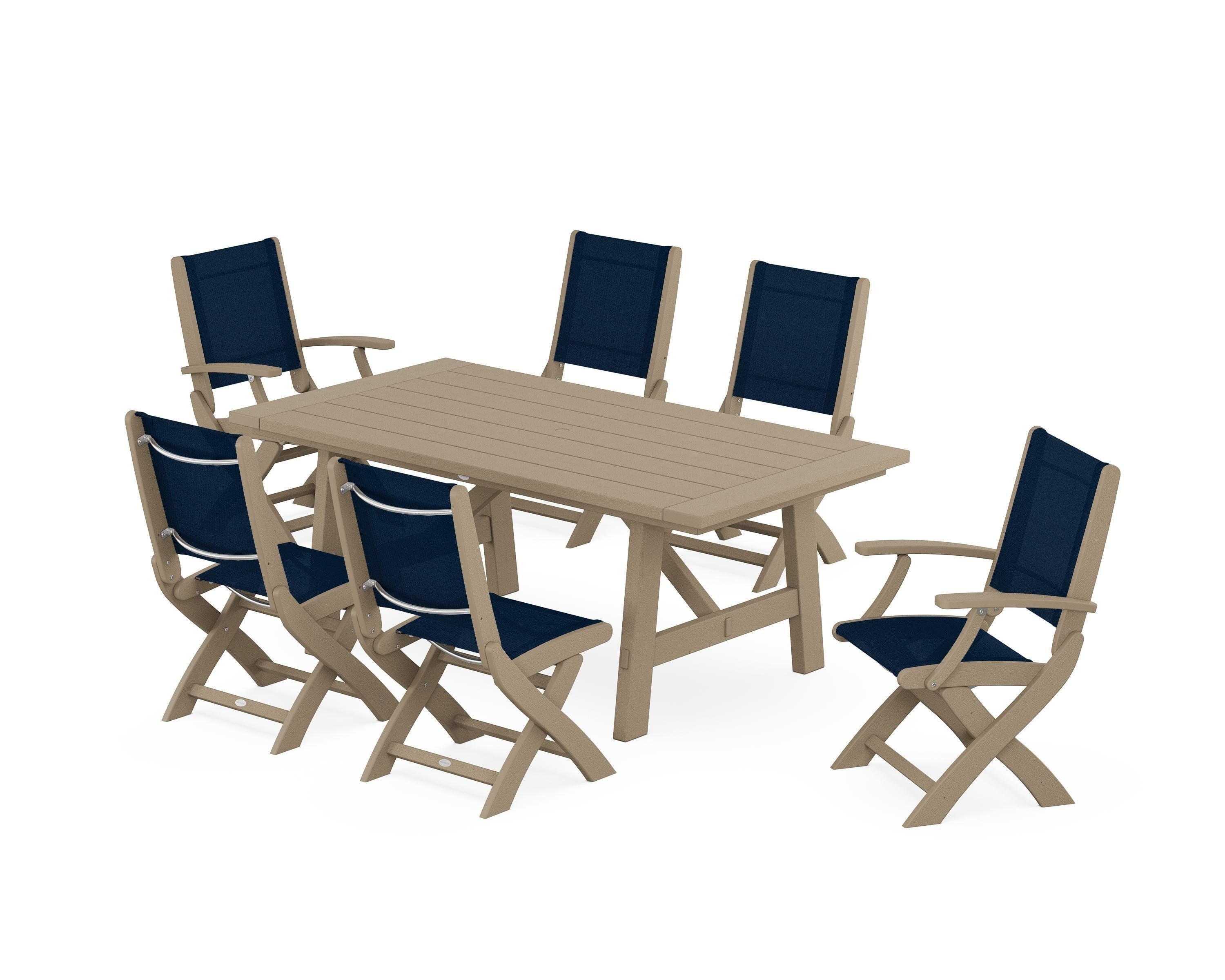 POLYWOOD Coastal Folding Chair 7-Piece Rustic Farmhouse Dining Set in Vintage Sahara / Navy Blue Sling