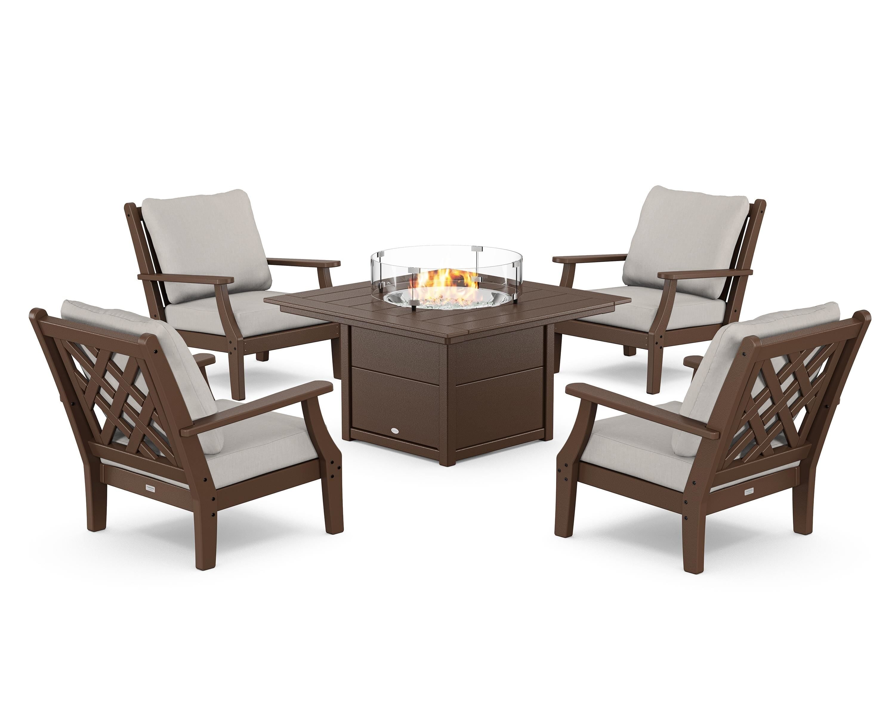 Country Living Wovendale 5-Piece Deep Seating Set with Fire Pit Table in Mahogany / Cast Ash