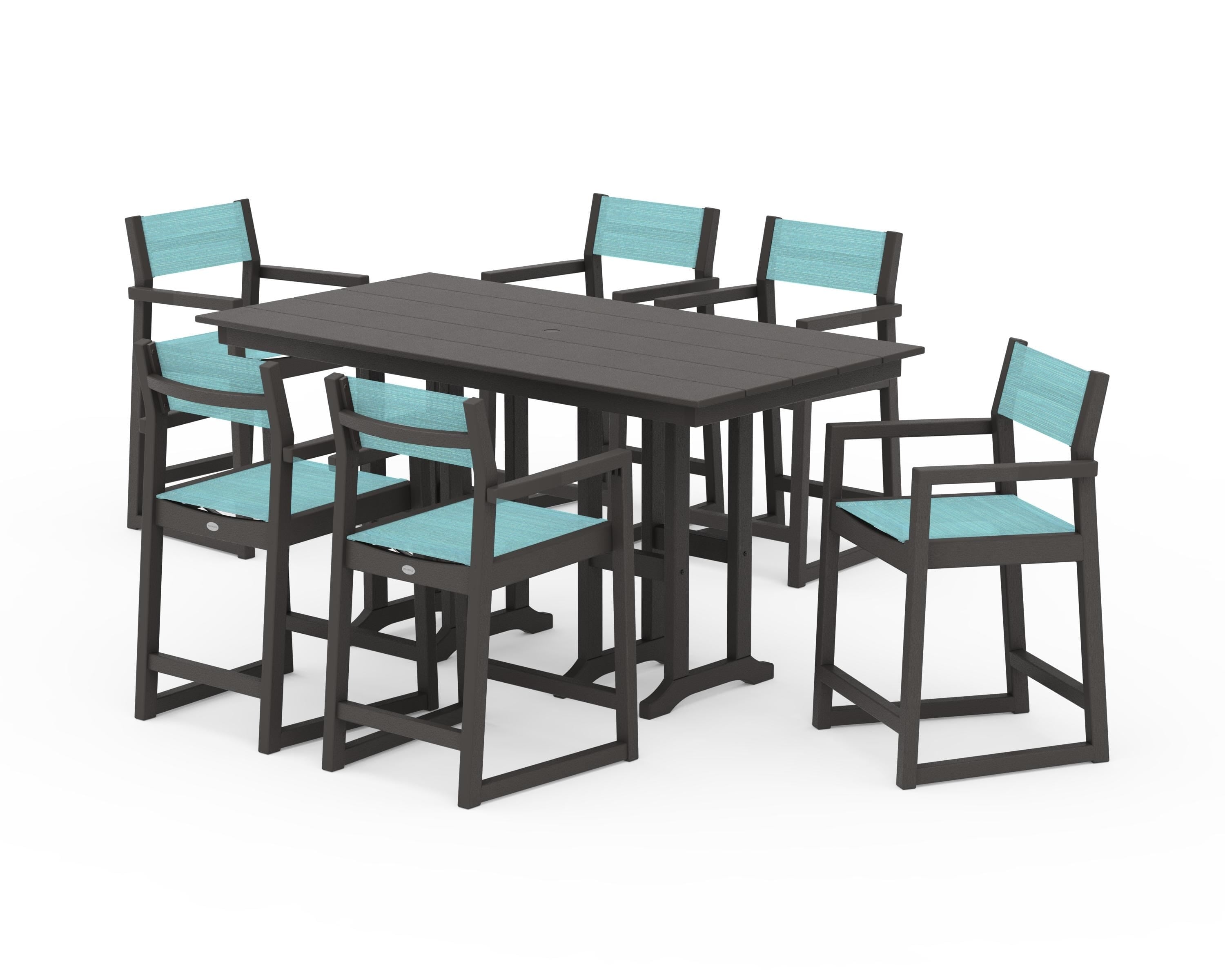 POLYWOOD EDGE Sling Arm Chair 7-Piece Farmhouse Counter Set in Vintage Coffee / Dupioni Aquamarine Sling