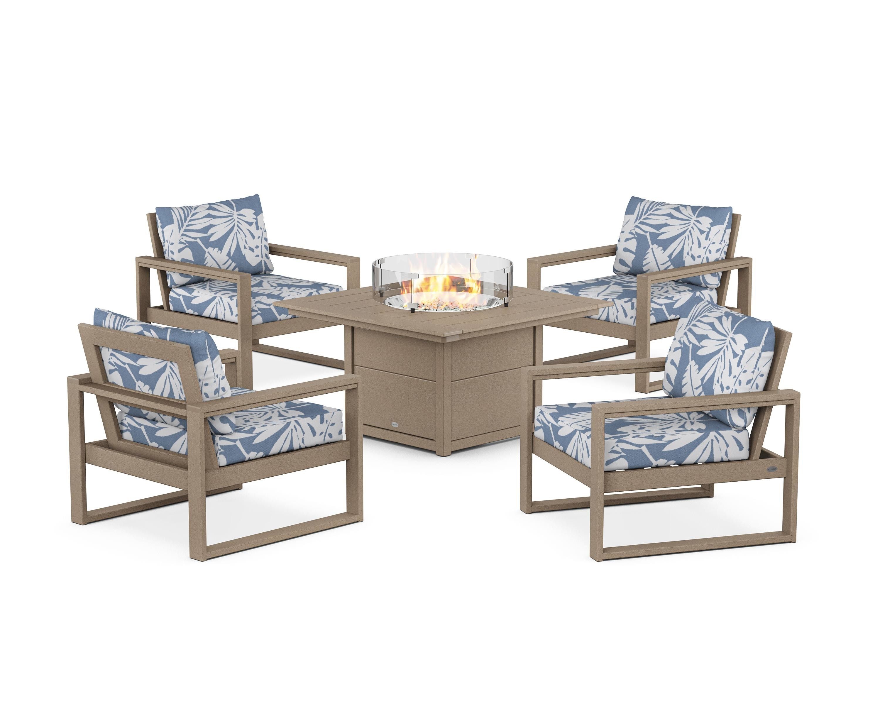 POLYWOOD EDGE Sectional 5-Piece Deep Seating Set with Fire Pit Table in Vintage Sahara / Leaf Sky Blue