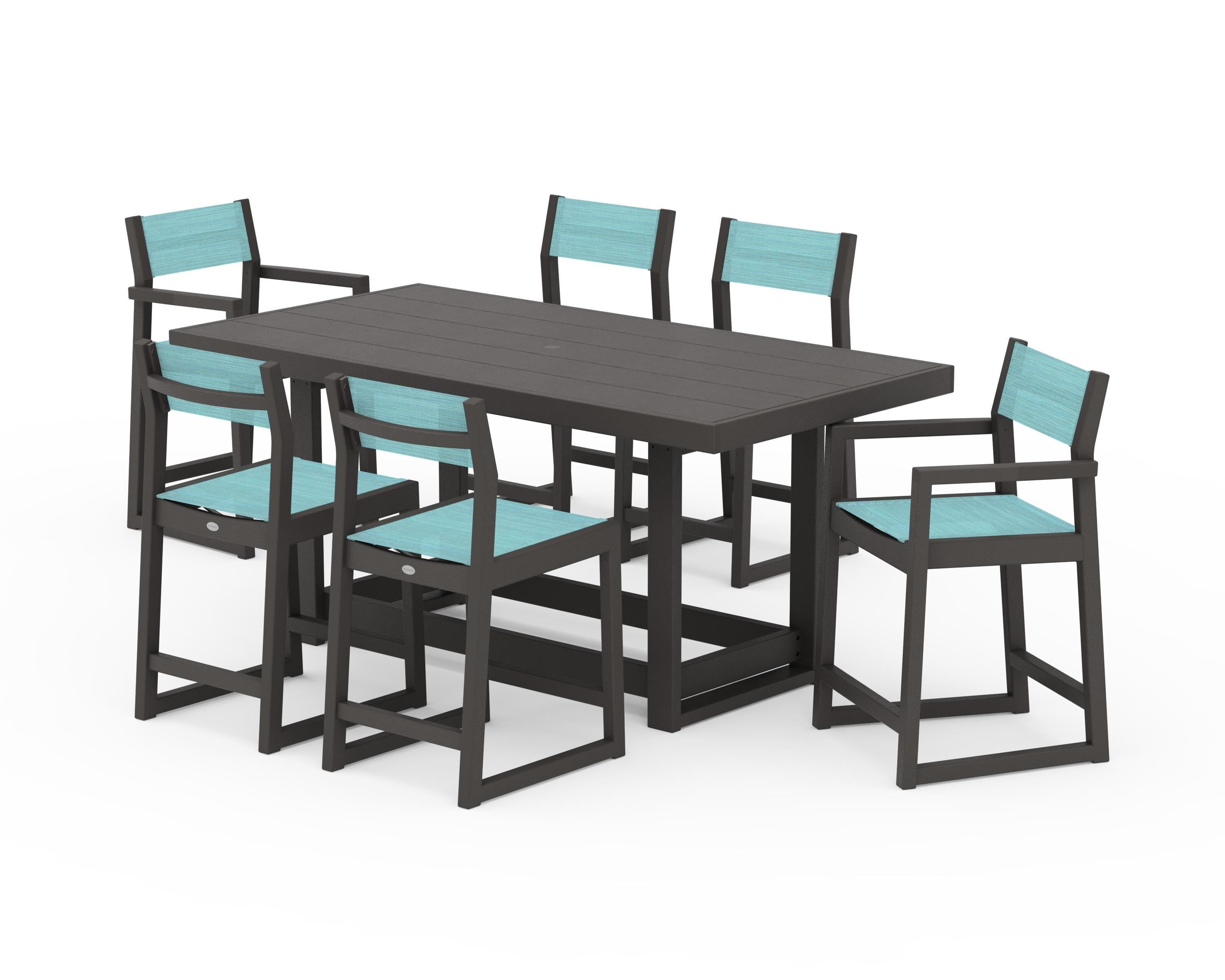 POLYWOOD EDGE Sling 7-Piece Counter Table Set in Vintage Coffee / Dupioni Aquamarine Sling