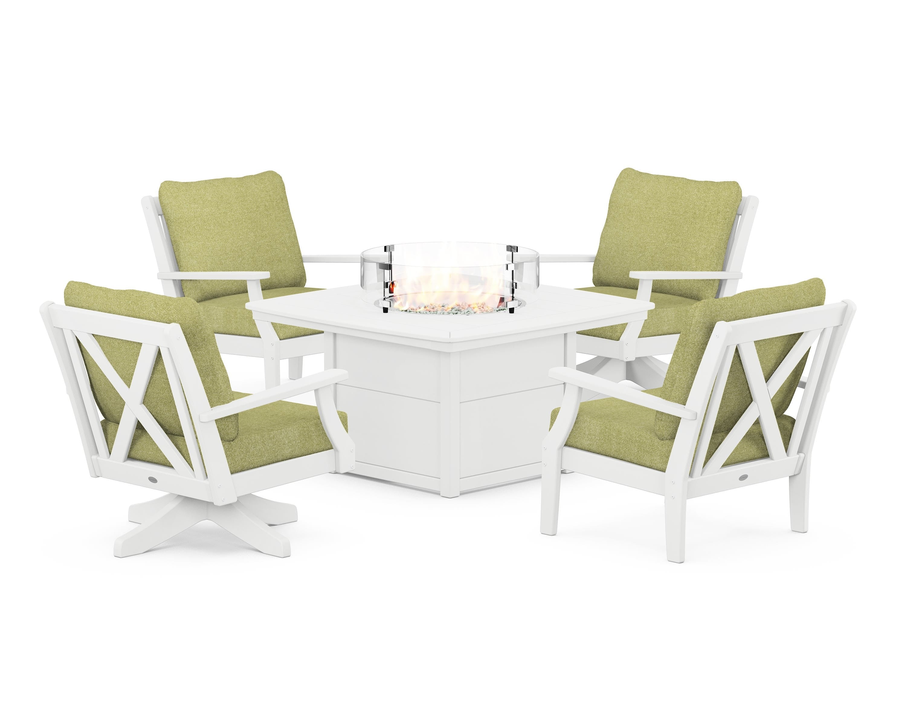 POLYWOOD Braxton 5-Piece Deep Seating Set with Fire Table in White / Chartreuse Boucle