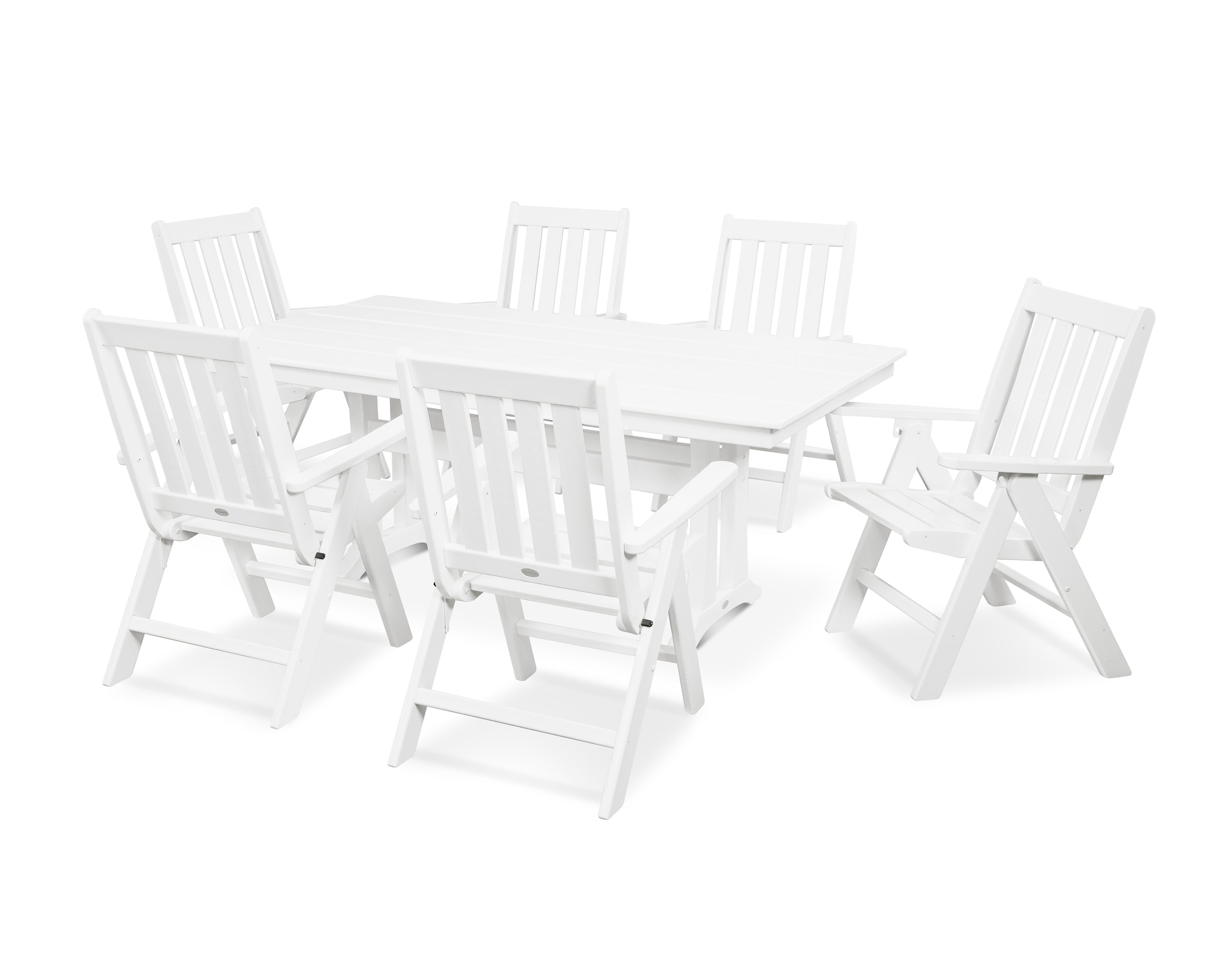 POLYWOOD® Vineyard Folding Chair 7-Piece Farmhouse Dining Set with Trestle Legs in White