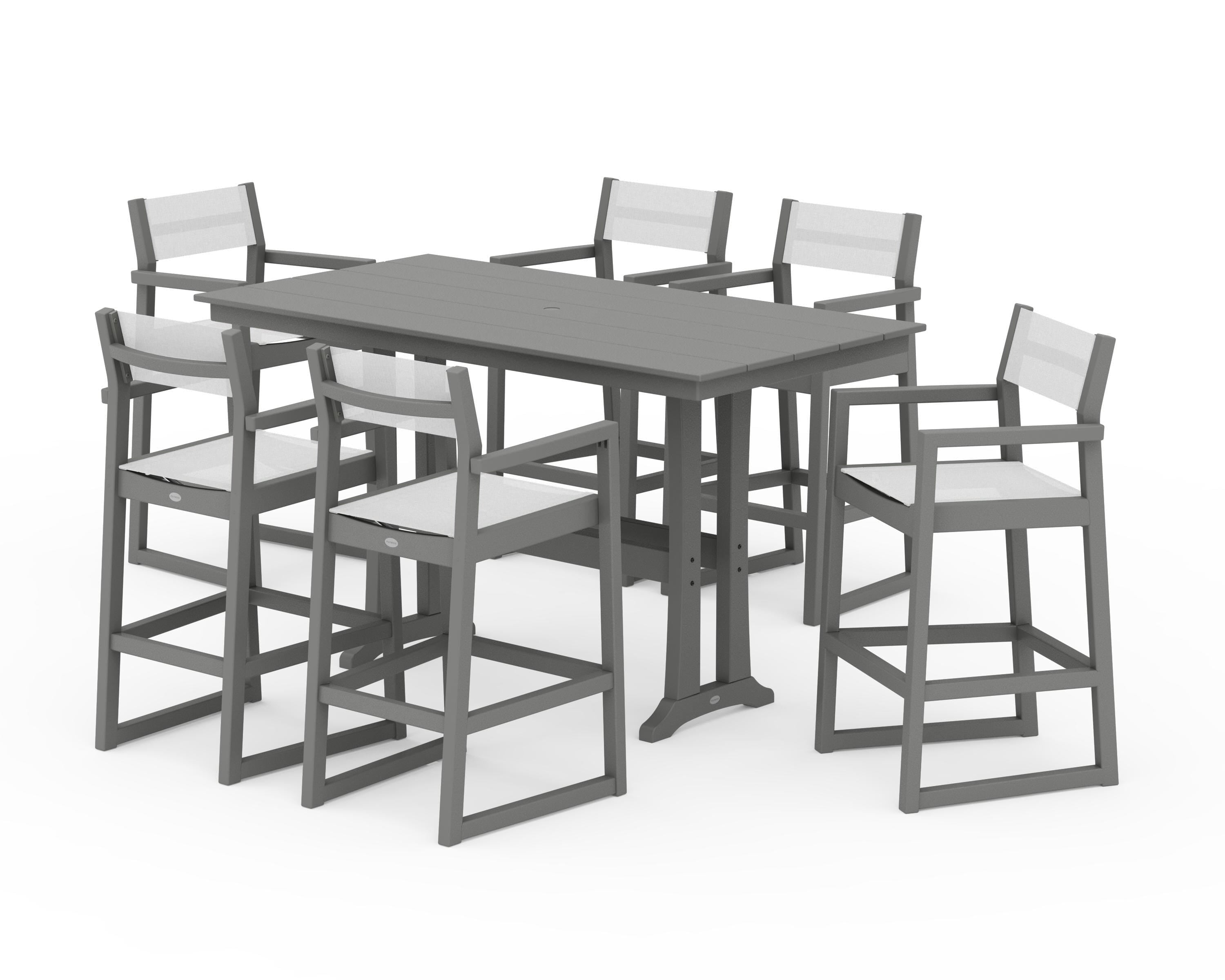 POLYWOOD EDGE Sling Arm Chair 7-Piece Farmhouse Bar Set with Trestle Legs in Slate Grey / White Sling