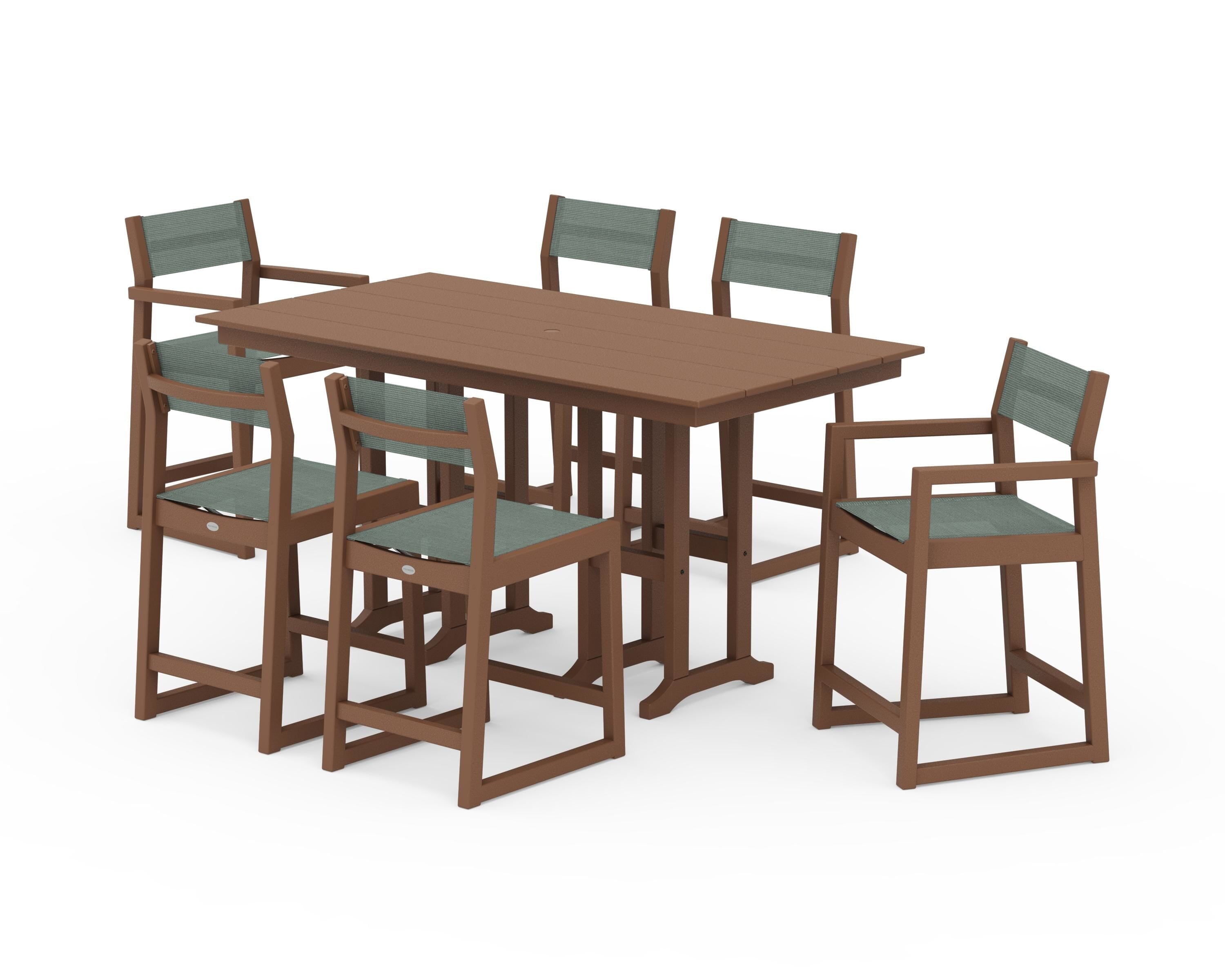 POLYWOOD EDGE Sling 7-Piece Farmhouse Counter Set in Teak / Dupioni Sea Mist Sling