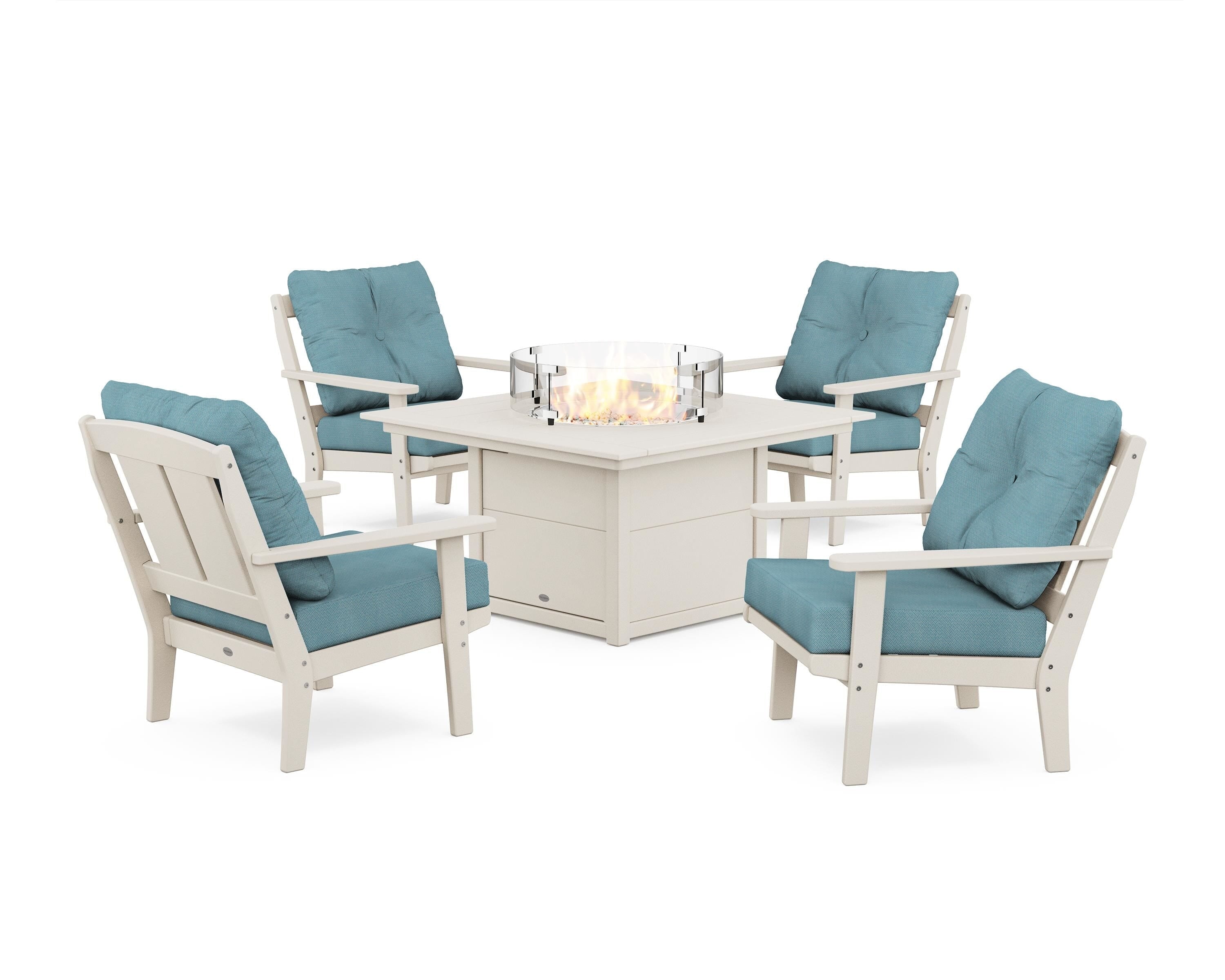 POLYWOOD Mission 5-Piece Deep Seating Set with Fire Pit Table in Sand / Lattice Sky Blue