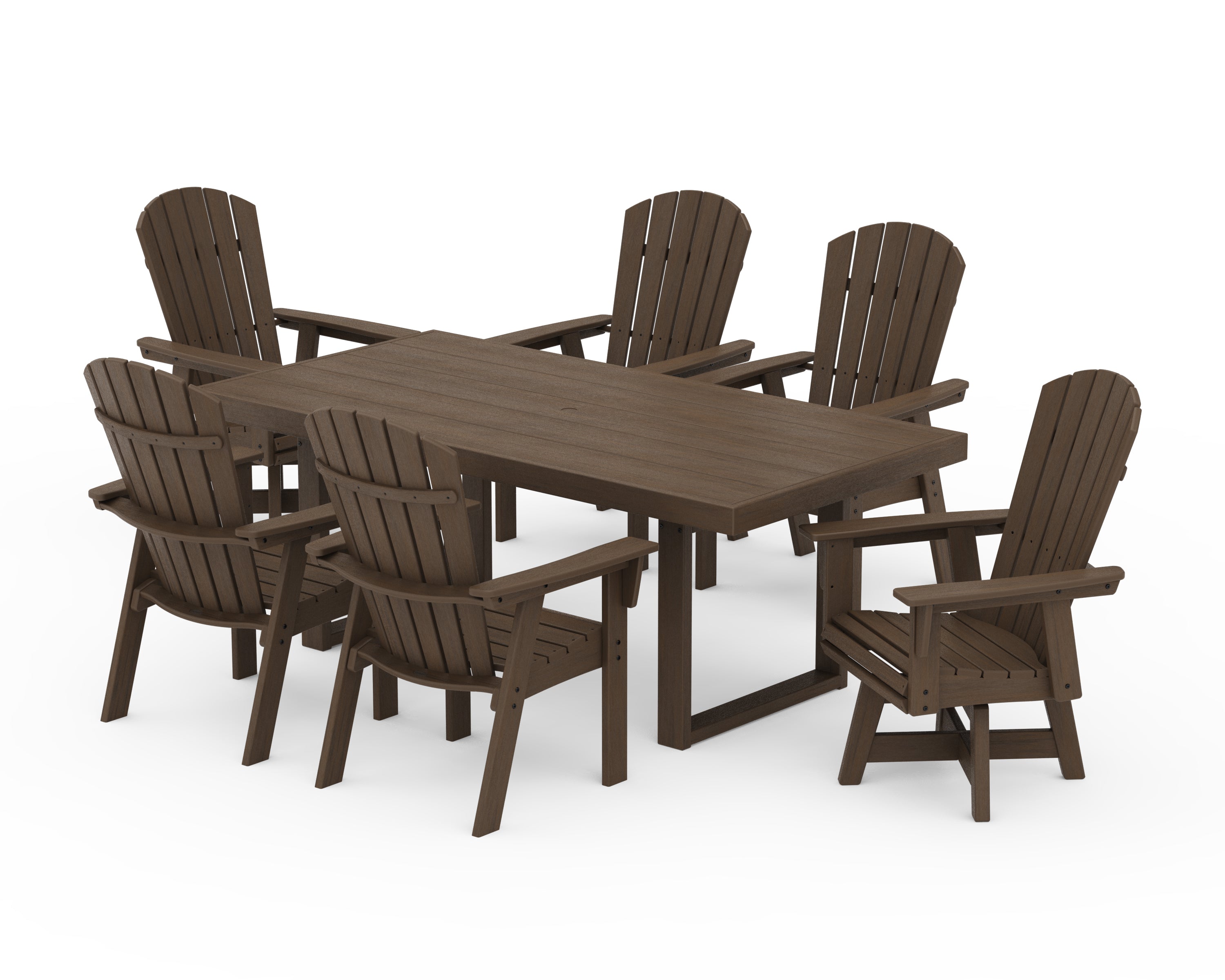 POLYWOOD Nautical Curveback Adirondack Swivel Chair 7-Piece Dining Set in Kona