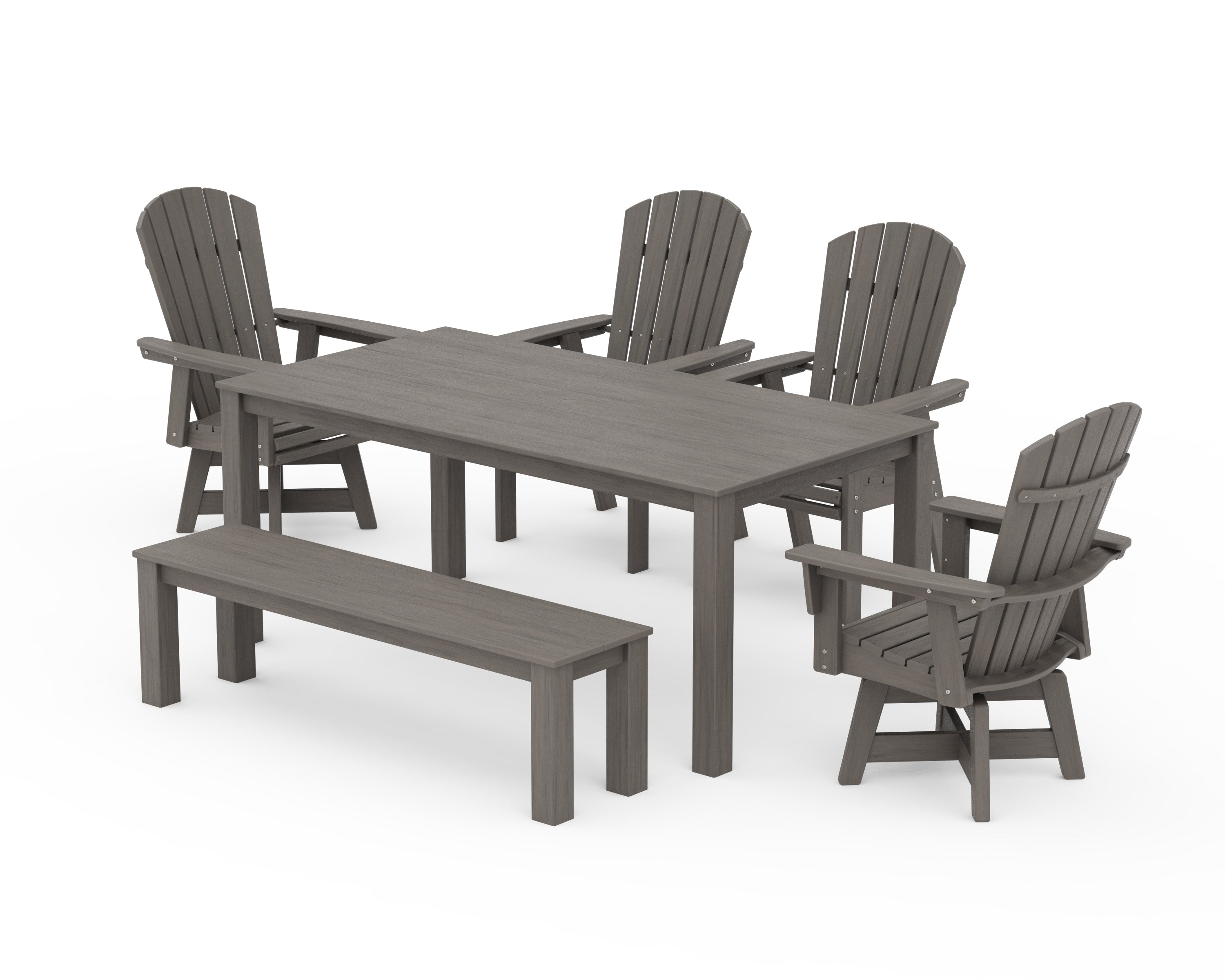 POLYWOOD Nautical Curveback Adirondack Swivel 6-Piece Parsons Dining Set with Bench in Driftwood