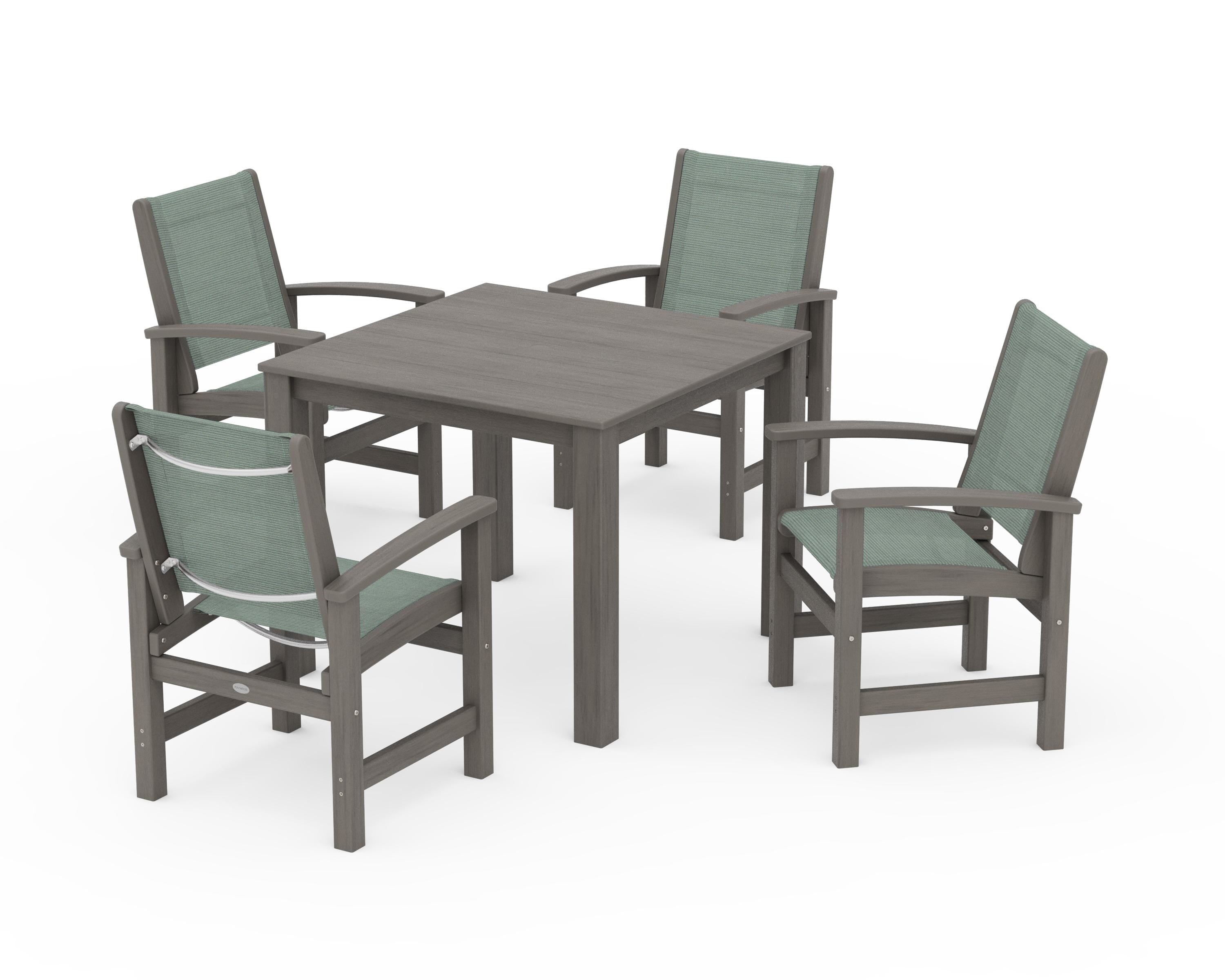 POLYWOOD Coastal 5-Piece Parsons Dining Set in Driftwood / Dupioni Sea Mist Sling
