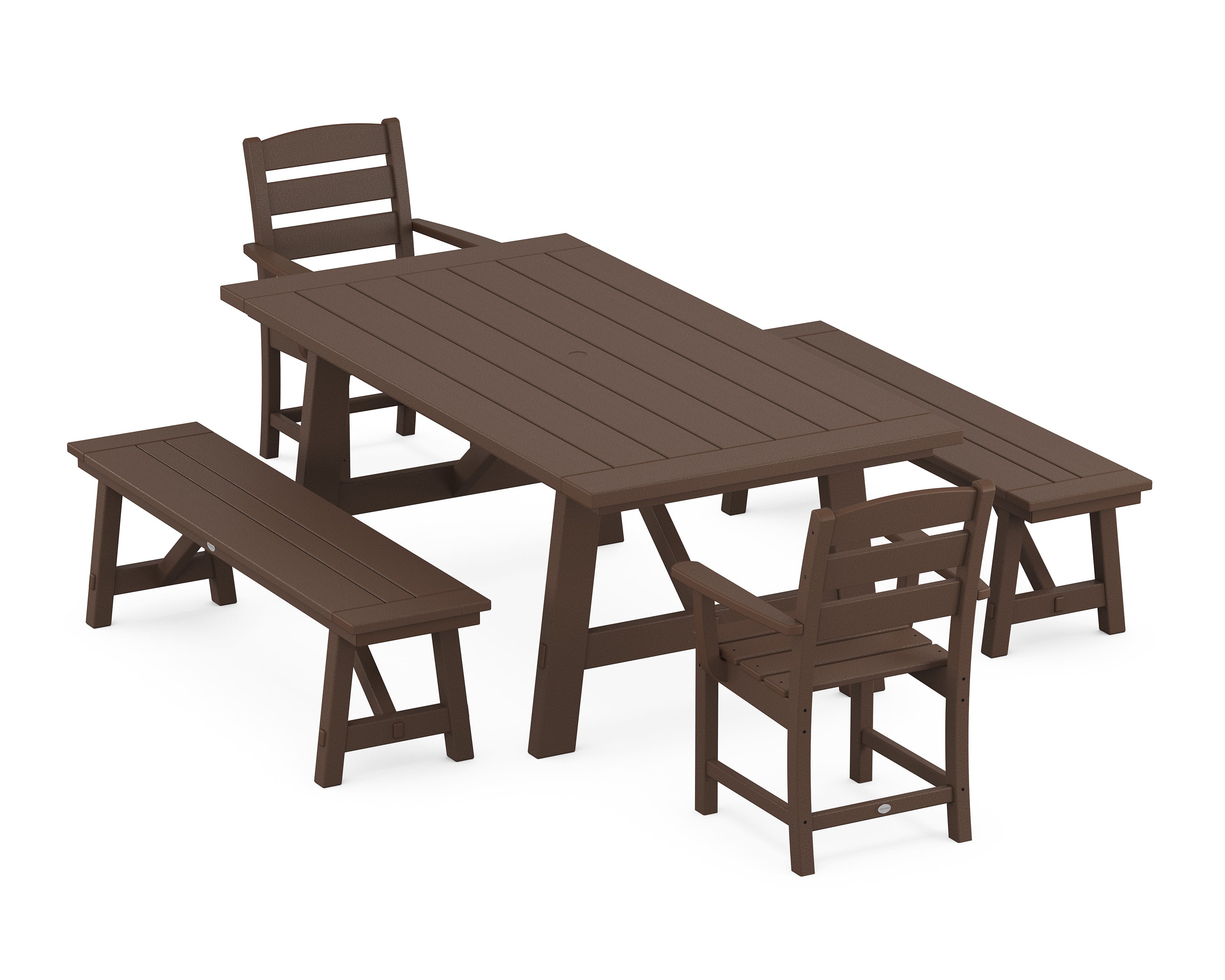 POLYWOOD® Lakeside 5-Piece Rustic Farmhouse Dining Set With Benches in Mahogany