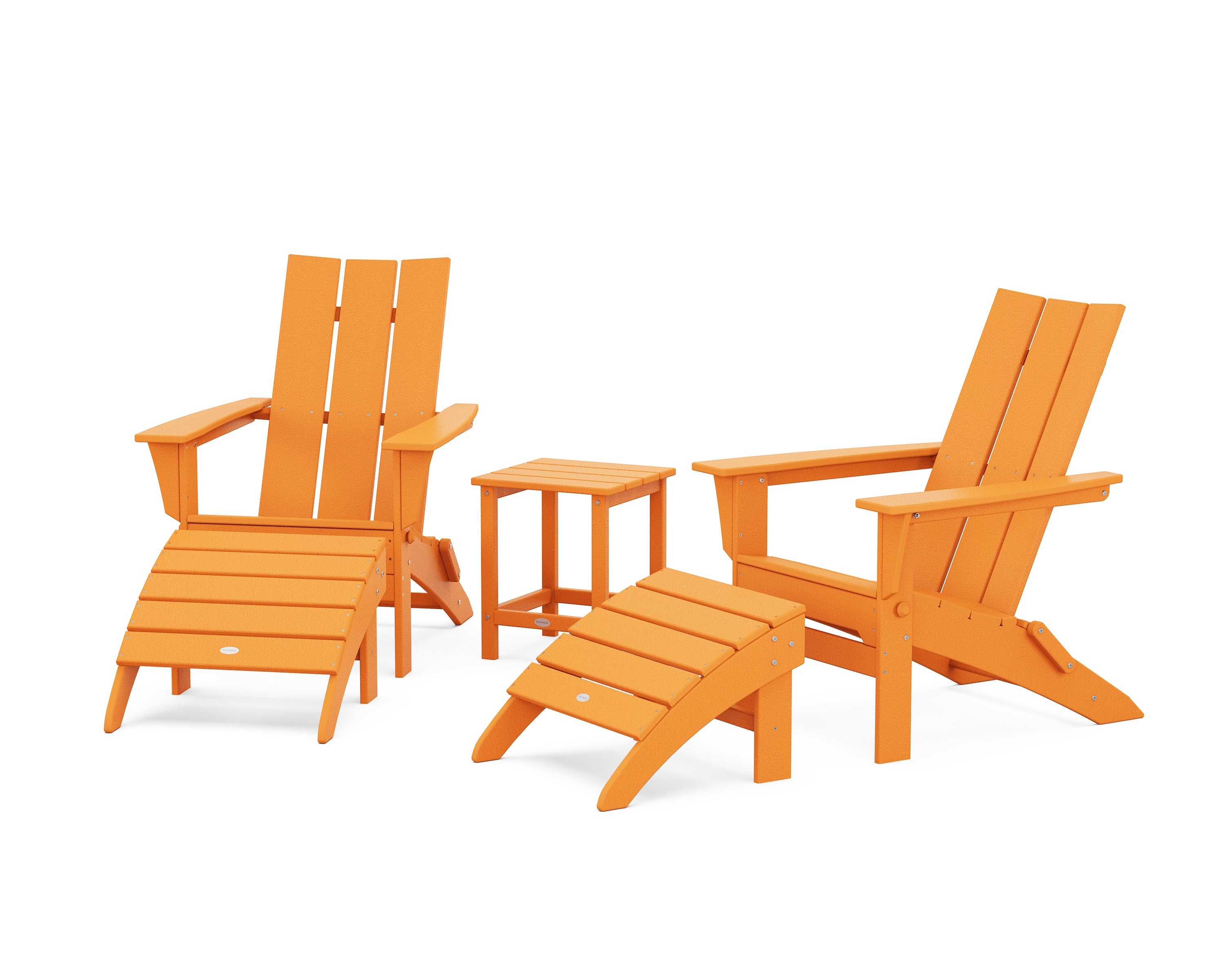 POLYWOOD® Modern Folding Adirondack Chair 5-Piece Set with Ottomans and 18" Side Table in Tangerine