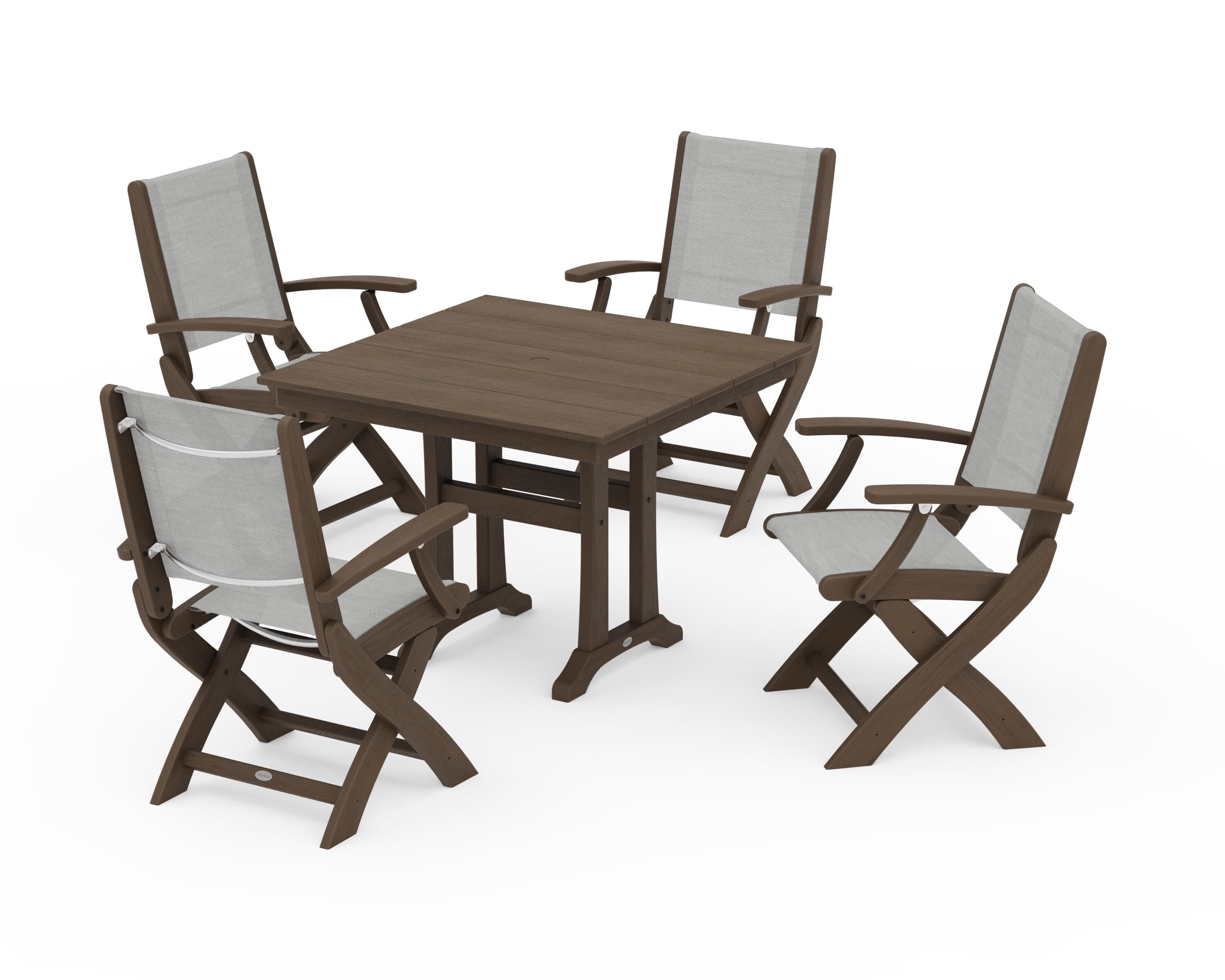 POLYWOOD Coastal Folding Chair 5-Piece Farmhouse Dining Set With Trestle Legs in Kona / Metallic Sling