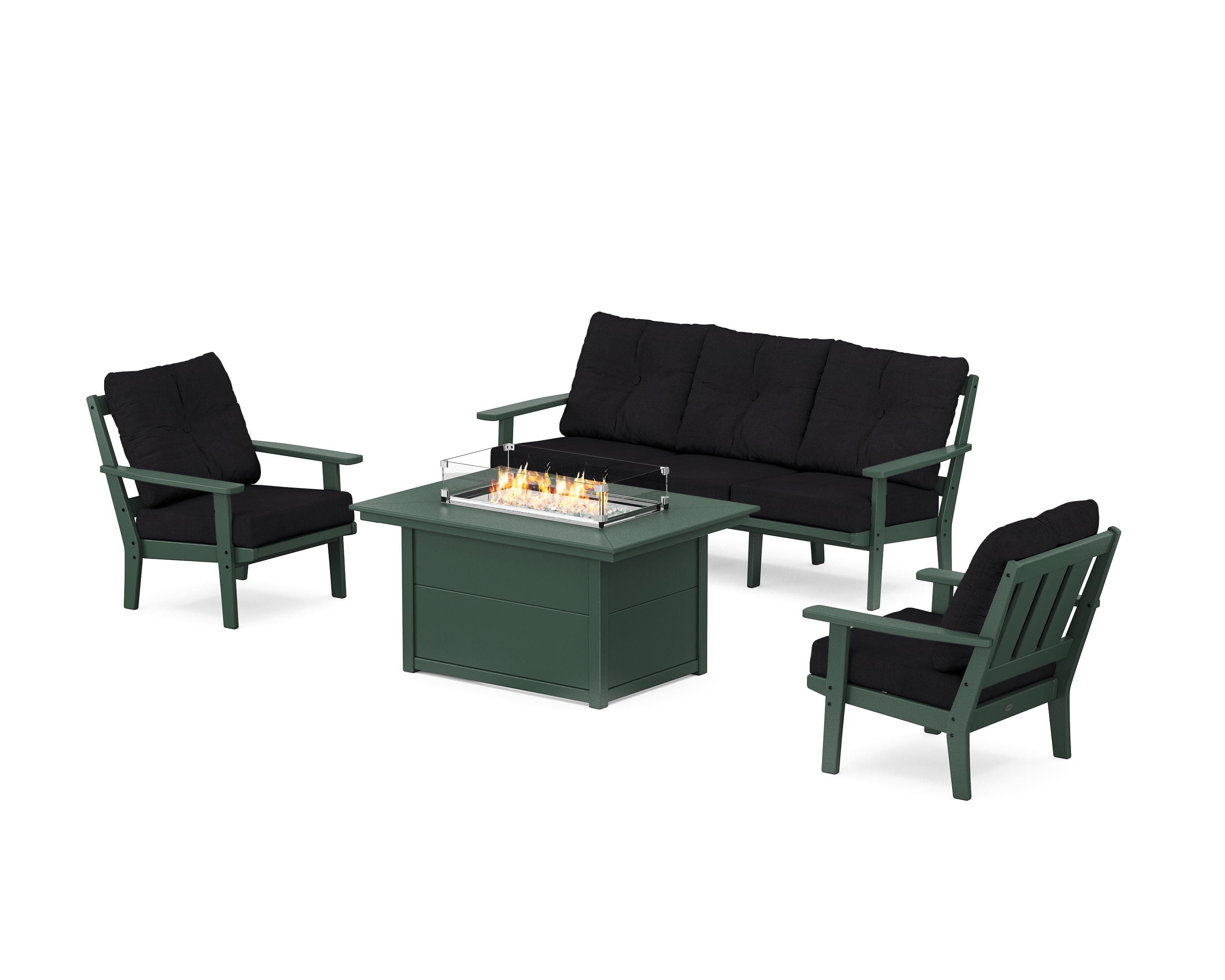 POLYWOOD Oxford Deep Seating Fire Pit Table Set in Green / Midnight Linen