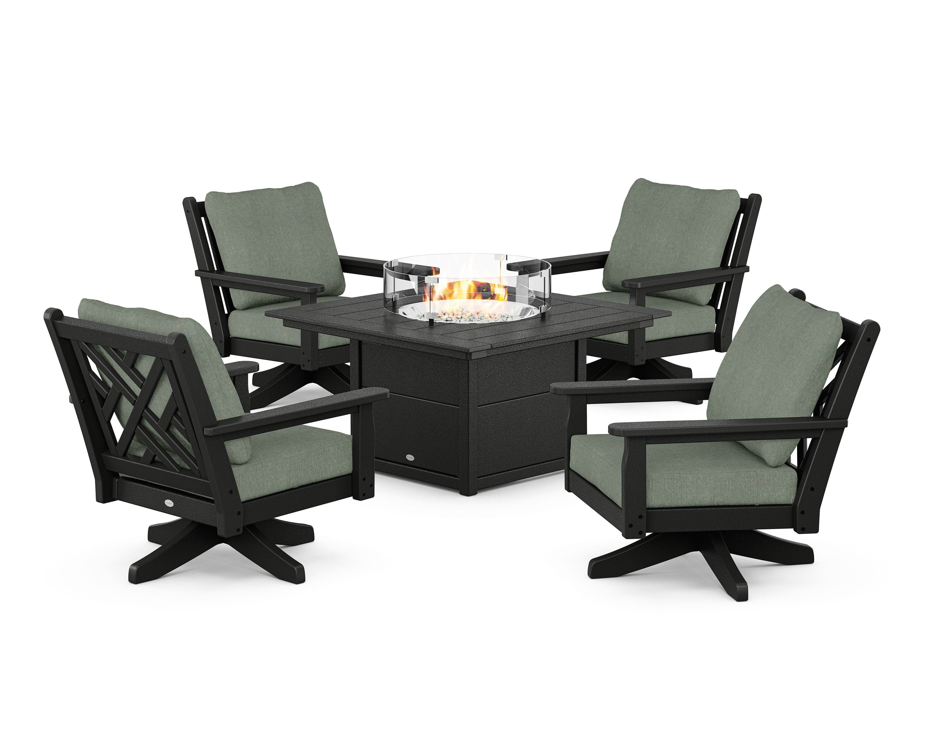 POLYWOOD Chippendale 5-Piece Deep Seating Swivel Conversation Set with Fire Pit Table in Black / Cast Sage