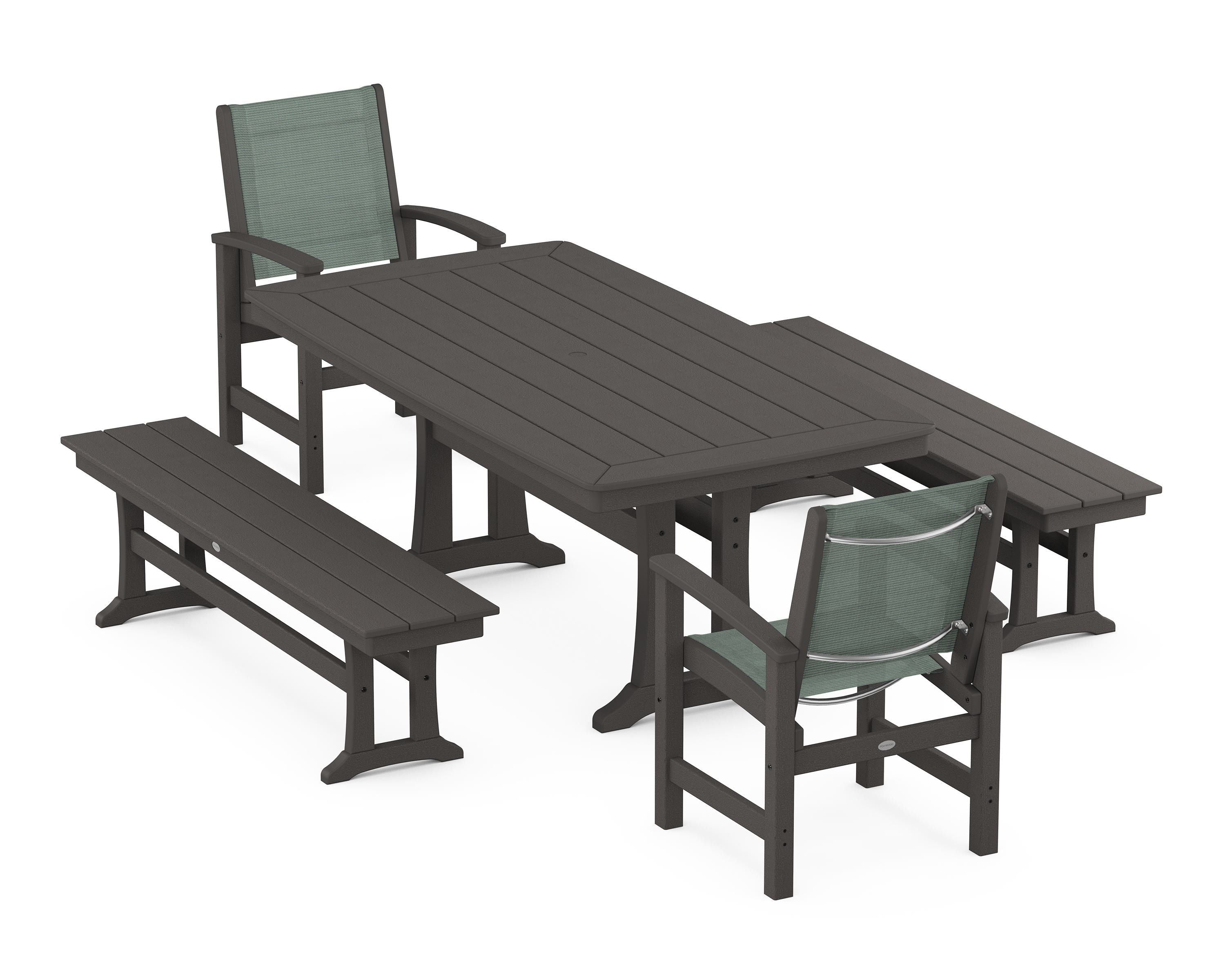 POLYWOOD Coastal 5-Piece Dining Set with Trestle Legs and Benches in Vintage Coffee / Dupioni Sea Mist Sling