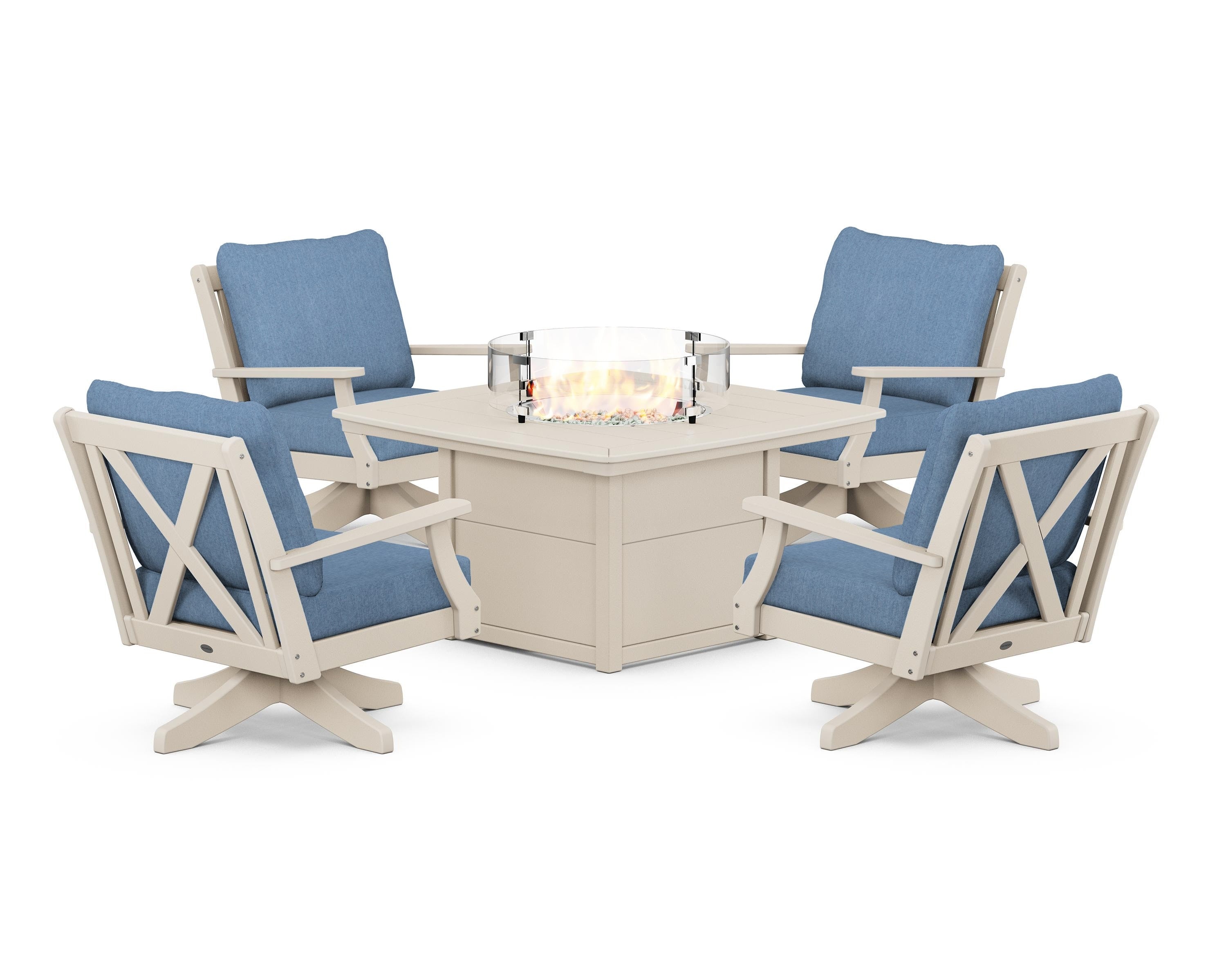 POLYWOOD Braxton 5-Piece Deep Seating Swivel Conversation Set with Fire Pit Table in Sand / Sky Blue