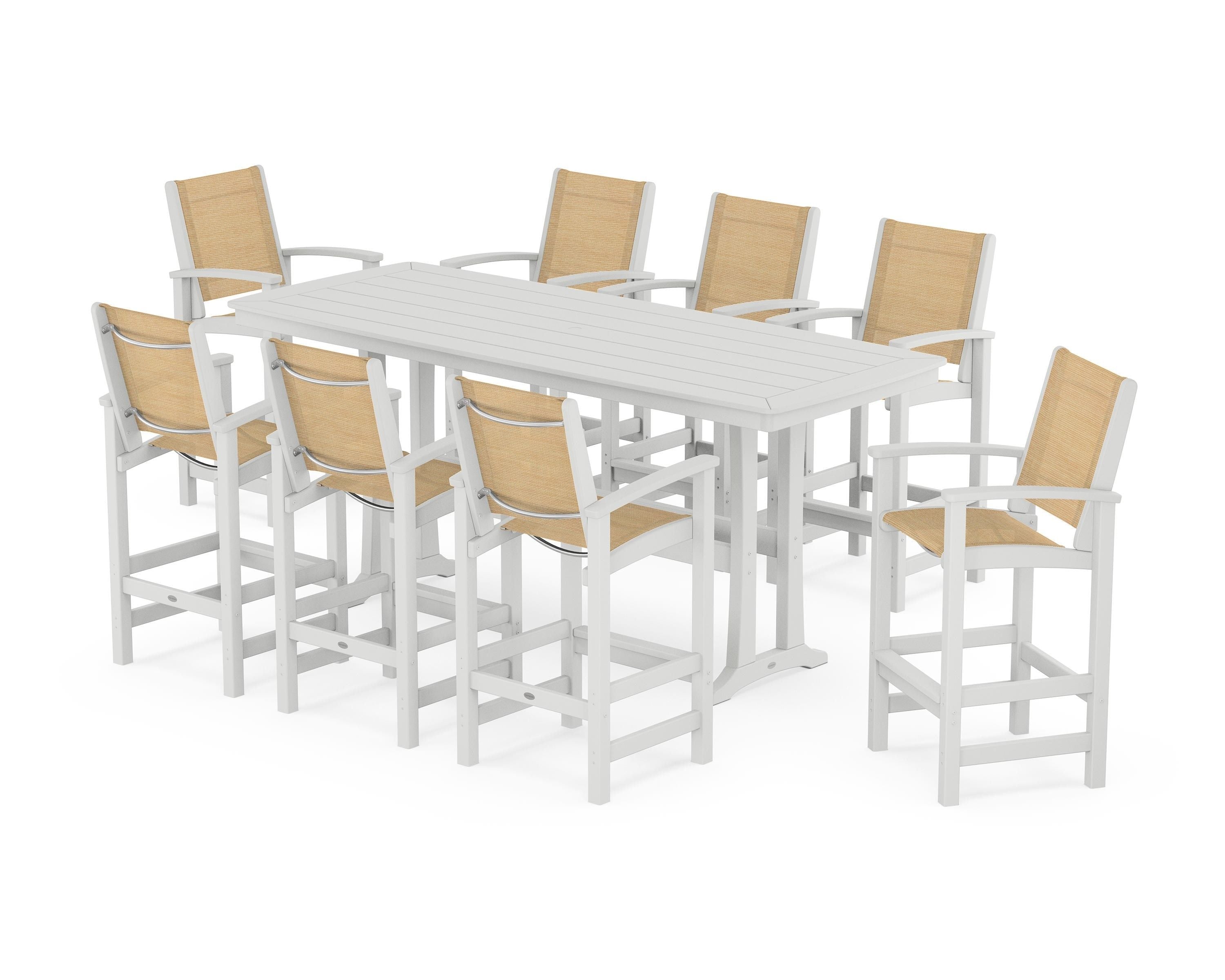 POLYWOOD Coastal 9-Piece Bar Set with Trestle Legs in White / Dupioni Apricot Sling