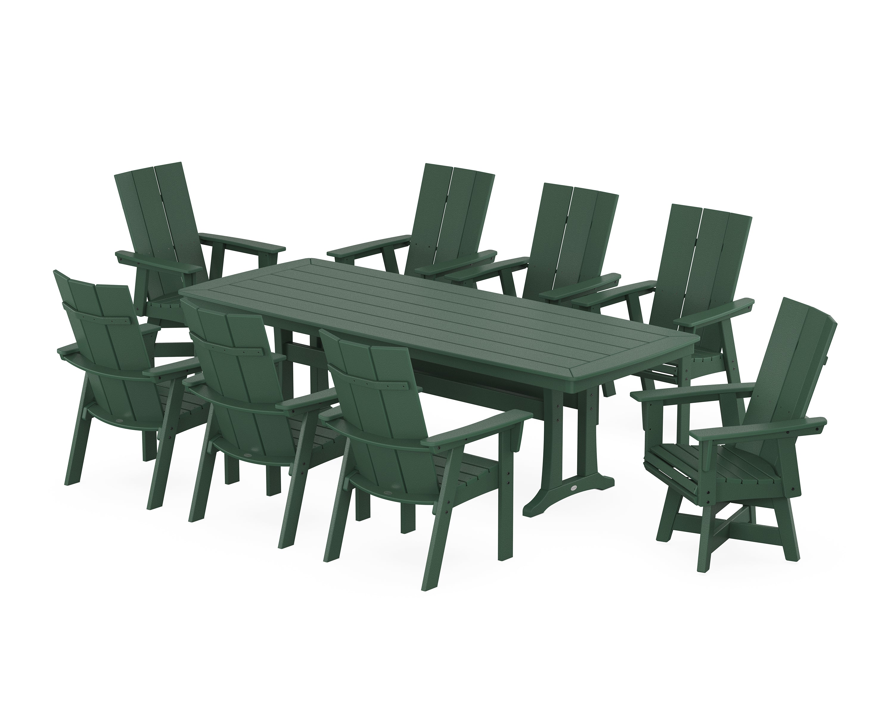 POLYWOOD® Modern Curveback Adirondack Swivel 9-Piece Dining Set with Trestle Legs in Green