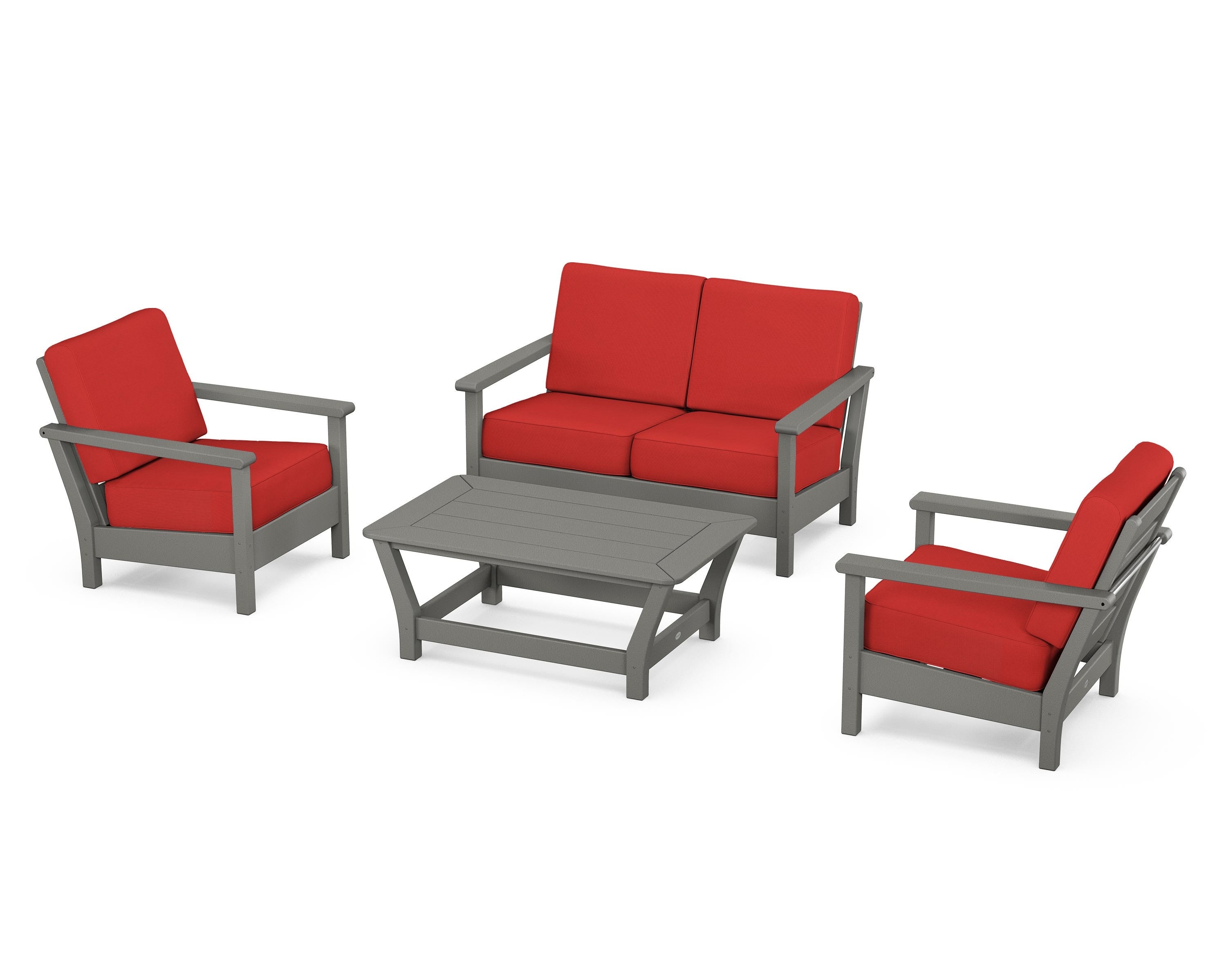 POLYWOOD Harbour 4-Piece Deep Seating Set in Slate Grey / Crimson Linen