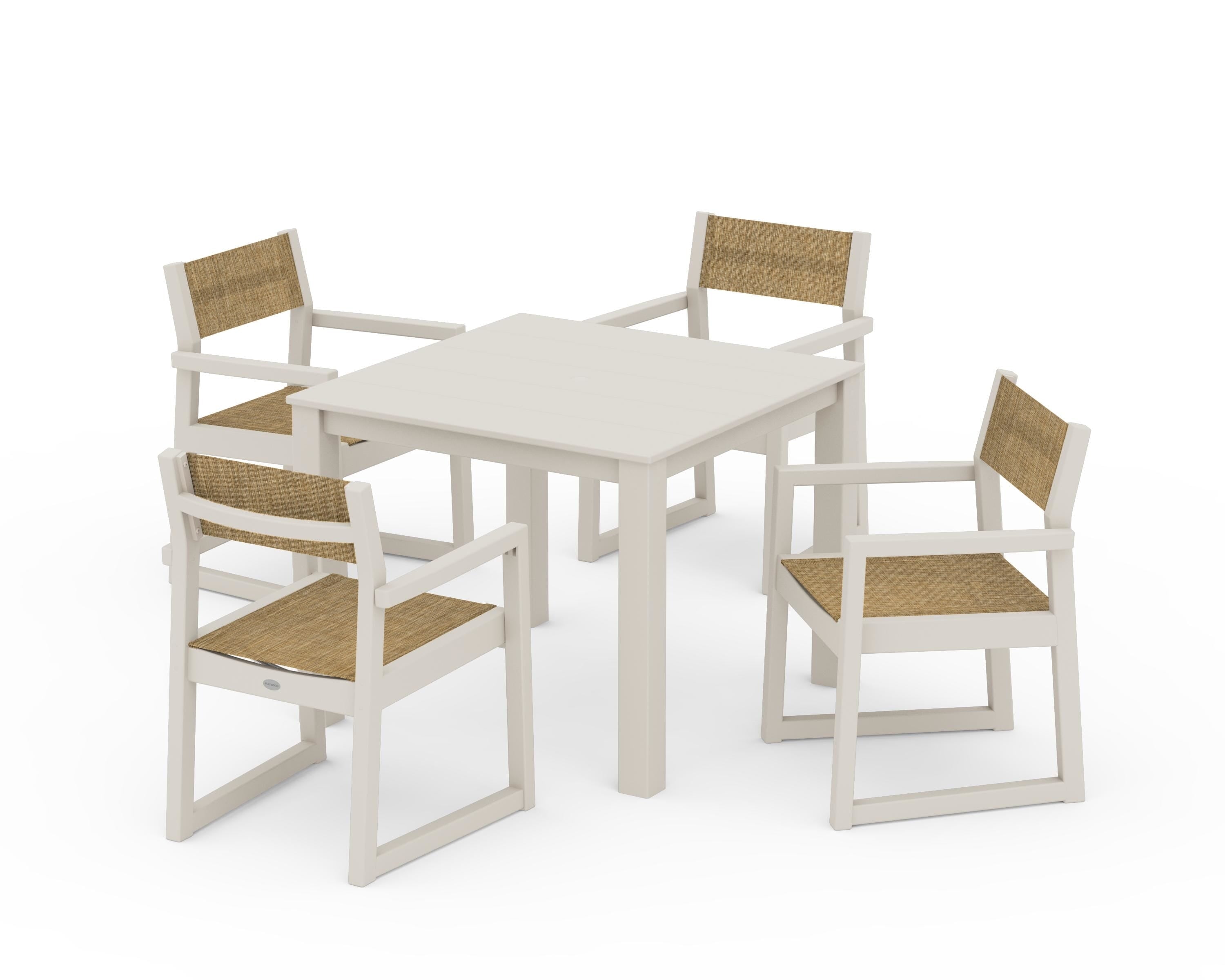 POLYWOOD EDGE Sling Arm Chair 5-Piece Parsons Dining Set in Sand / Burlap Sling