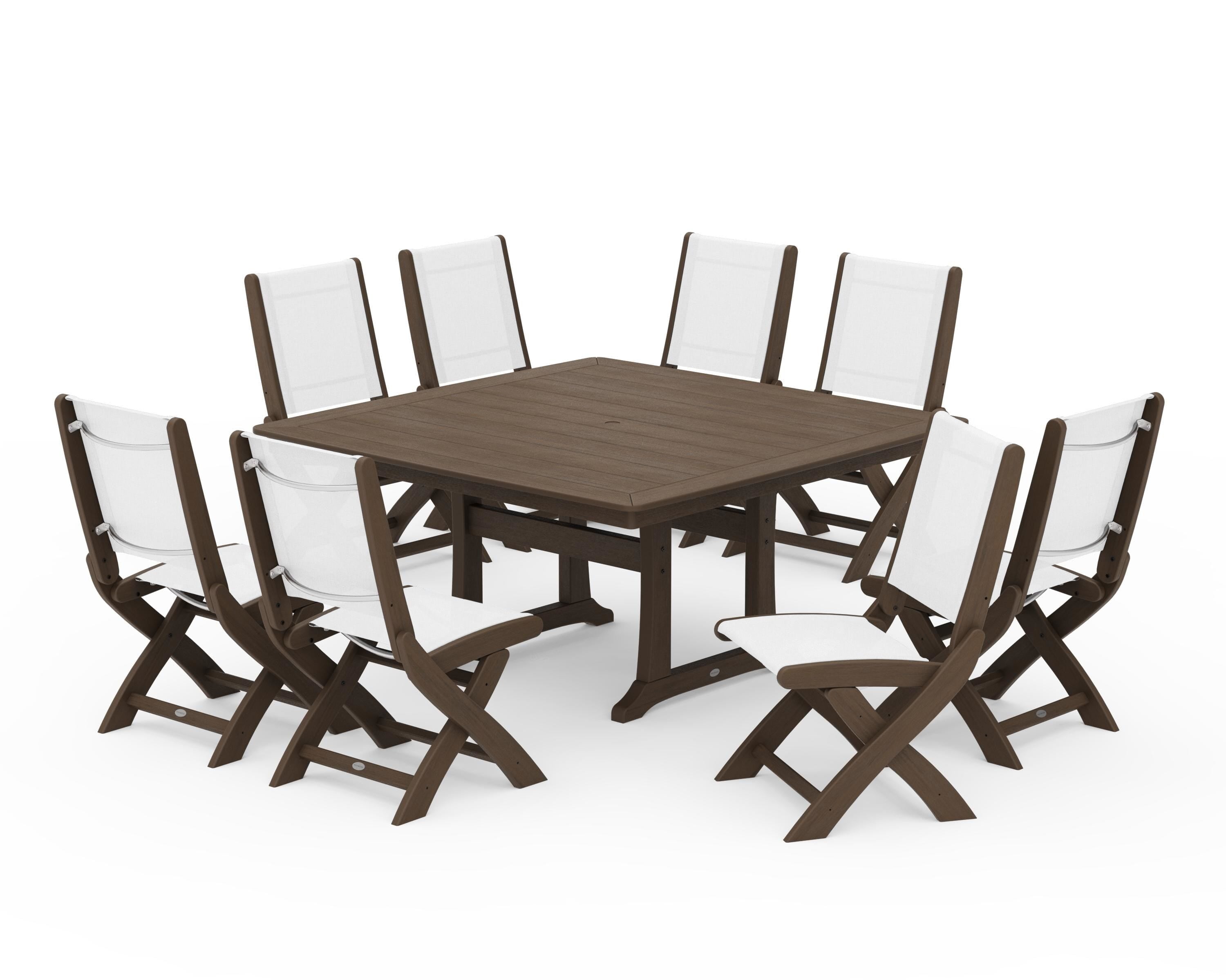 POLYWOOD Coastal Folding Side Chair 9-Piece Dining Set with Trestle Legs in Kona / White Sling