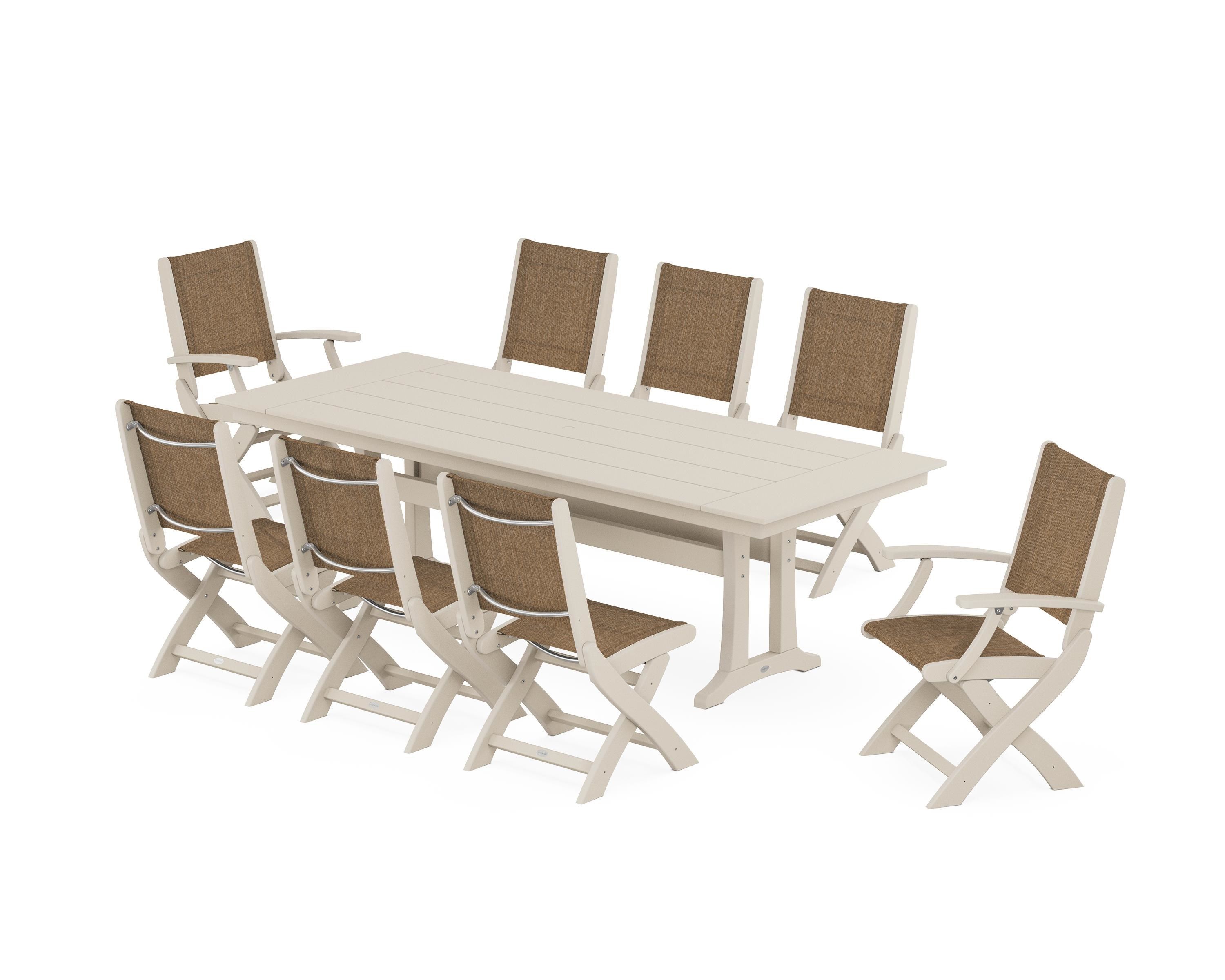 POLYWOOD Coastal 9-Piece Folding Dining Chair Farmhouse Dining Set with Trestle Legs in Sand / Burlap Sling