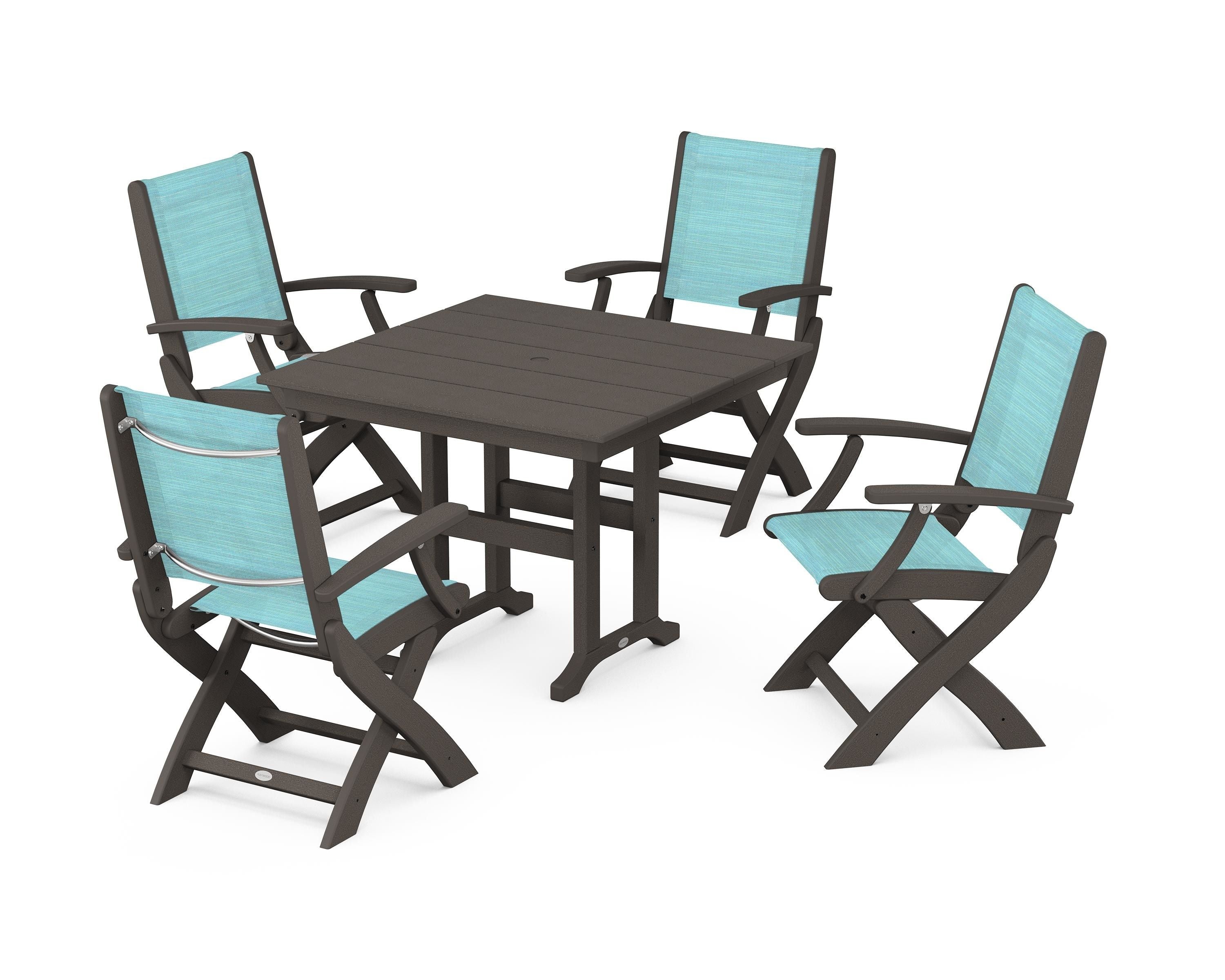 POLYWOOD Coastal Folding Chair 5-Piece Farmhouse Dining Set in Vintage Coffee / Dupioni Aquamarine Sling