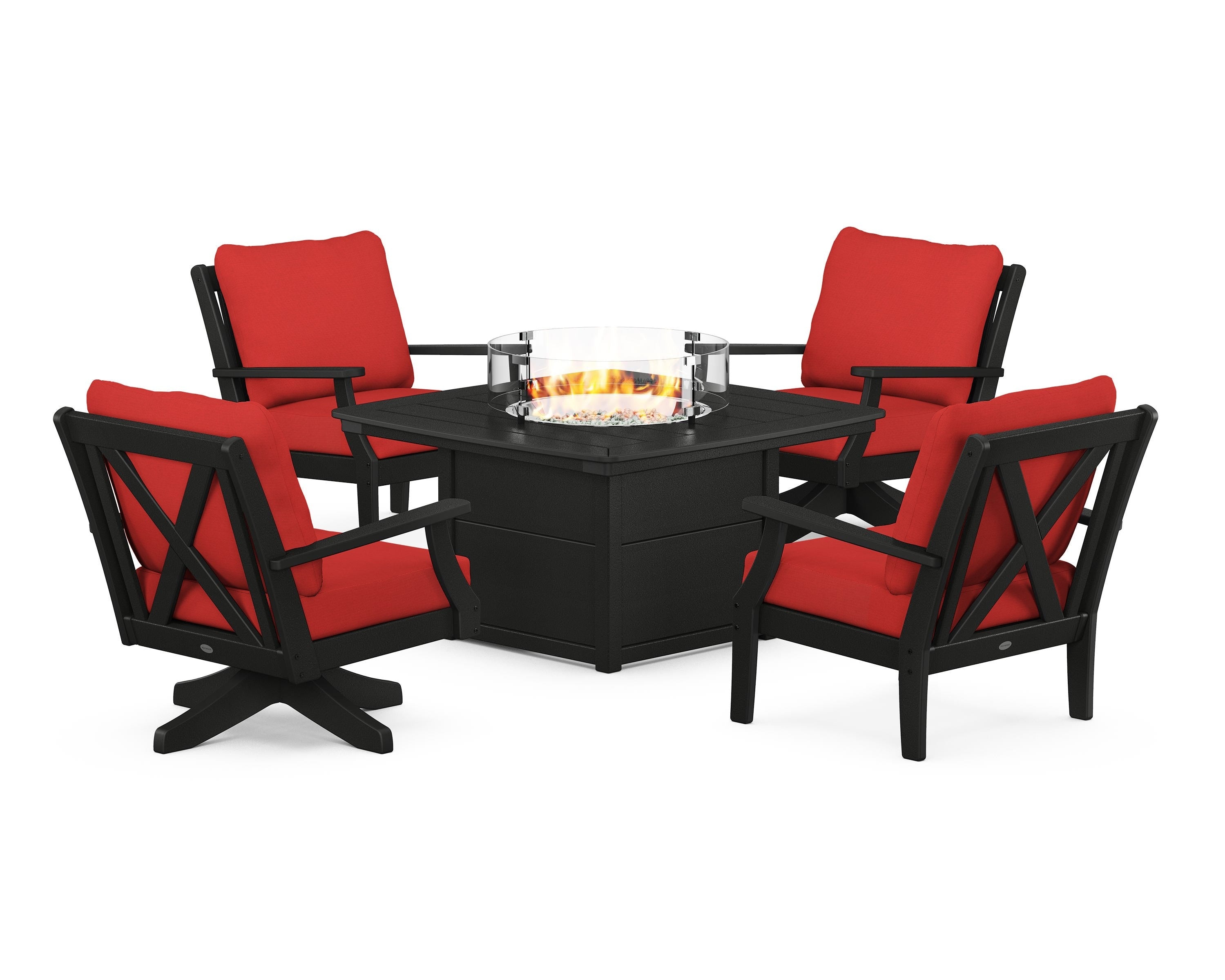 POLYWOOD Braxton 5-Piece Deep Seating Set with Fire Table in Black / Crimson Linen