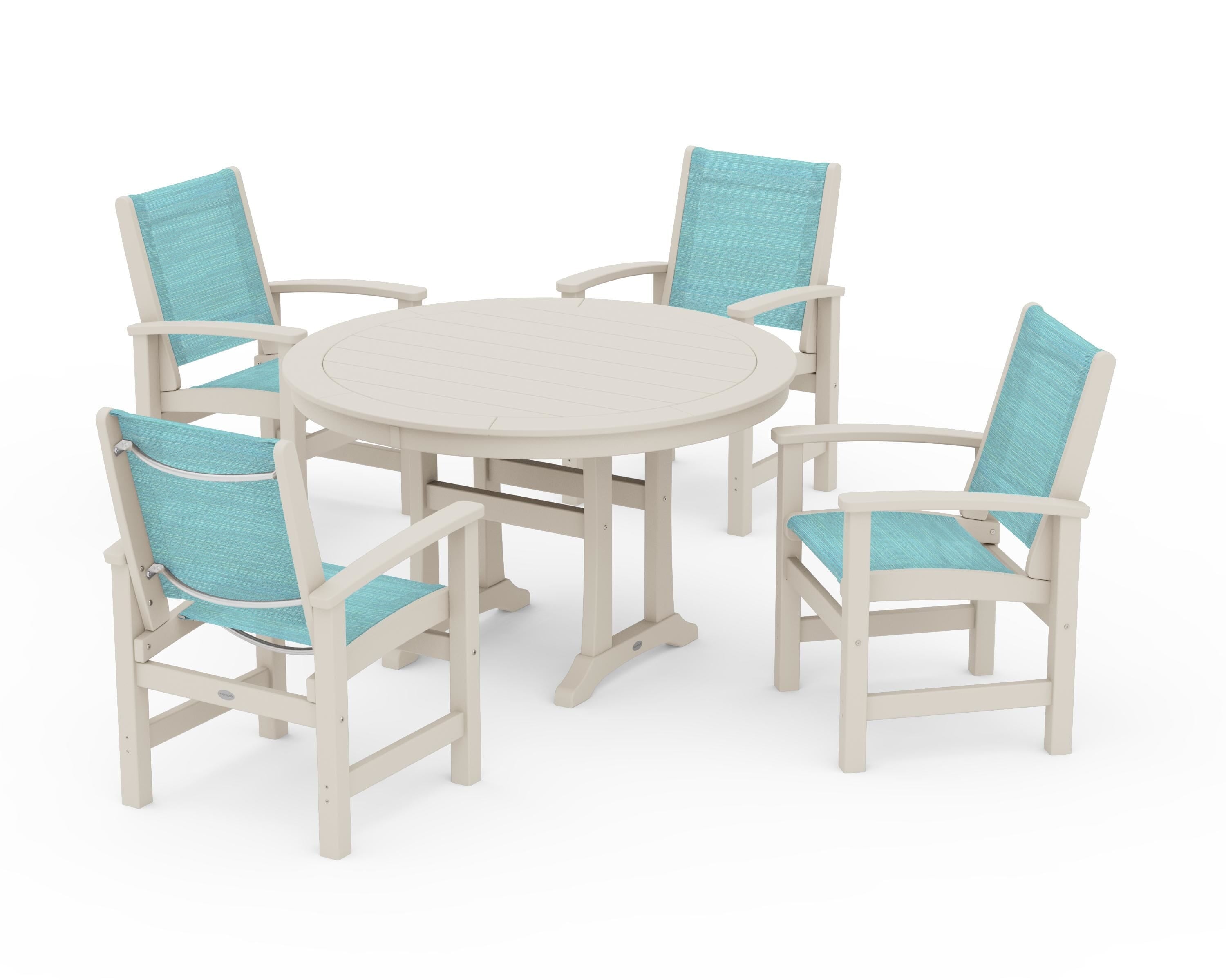 POLYWOOD Coastal 5-Piece Round Dining Set with Trestle Legs in Sand / Dupioni Aquamarine Sling