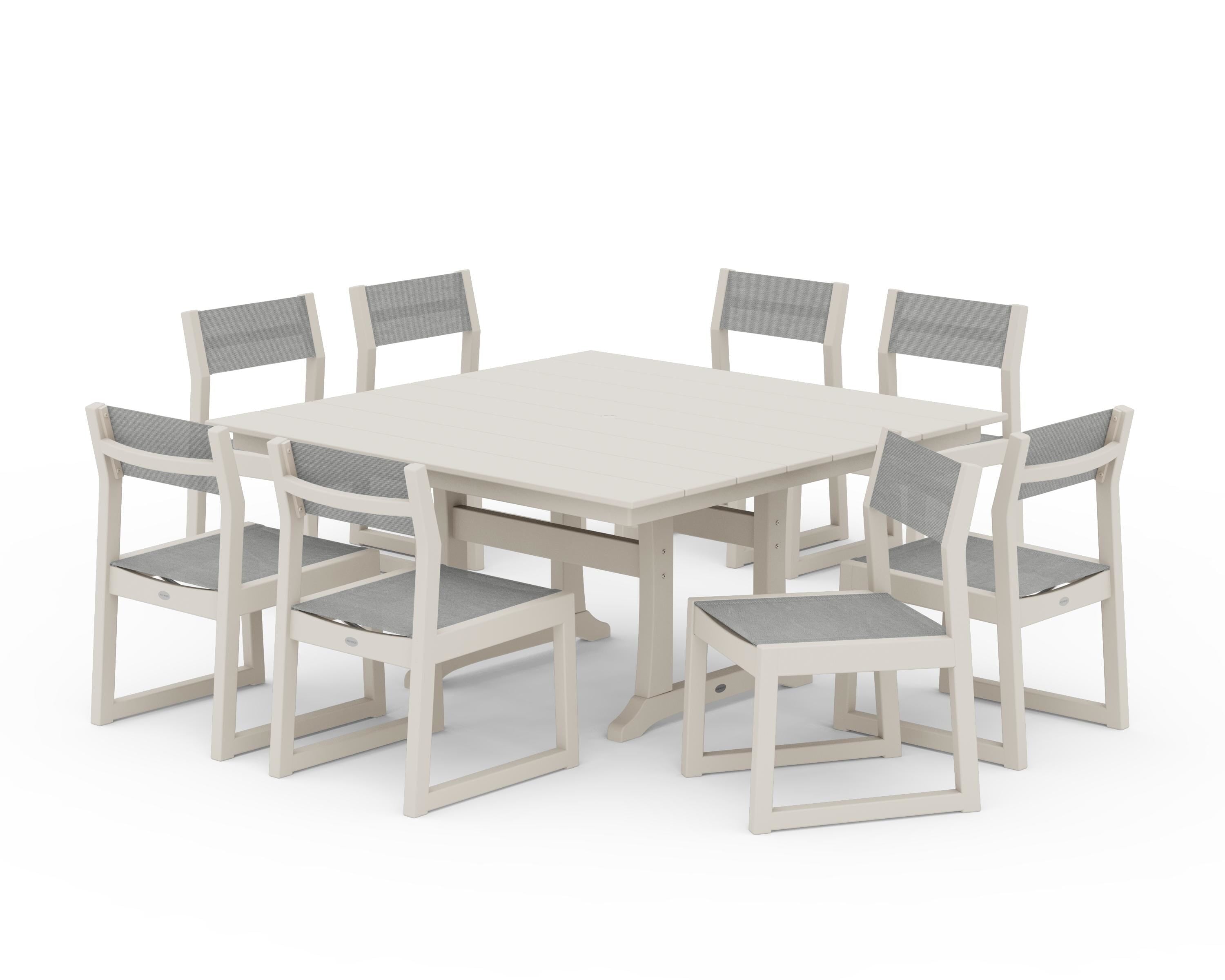 POLYWOOD EDGE Sling Side Chair 9-Piece Farmhouse Trestle Dining Set in Sand / Metallic Sling