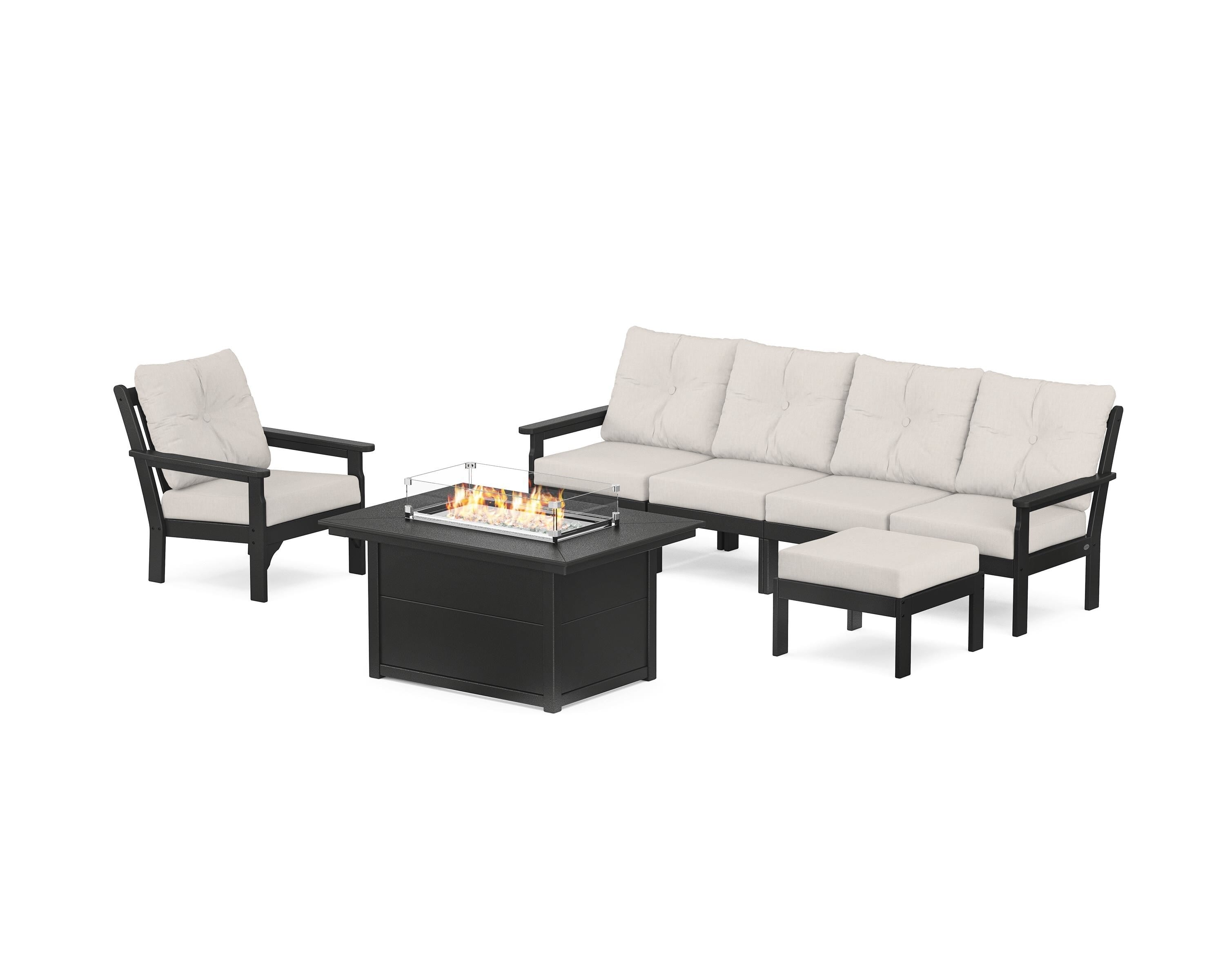 POLYWOOD Vineyard Sectional Lounge and Fire Pit Set in Black / Cast Ash