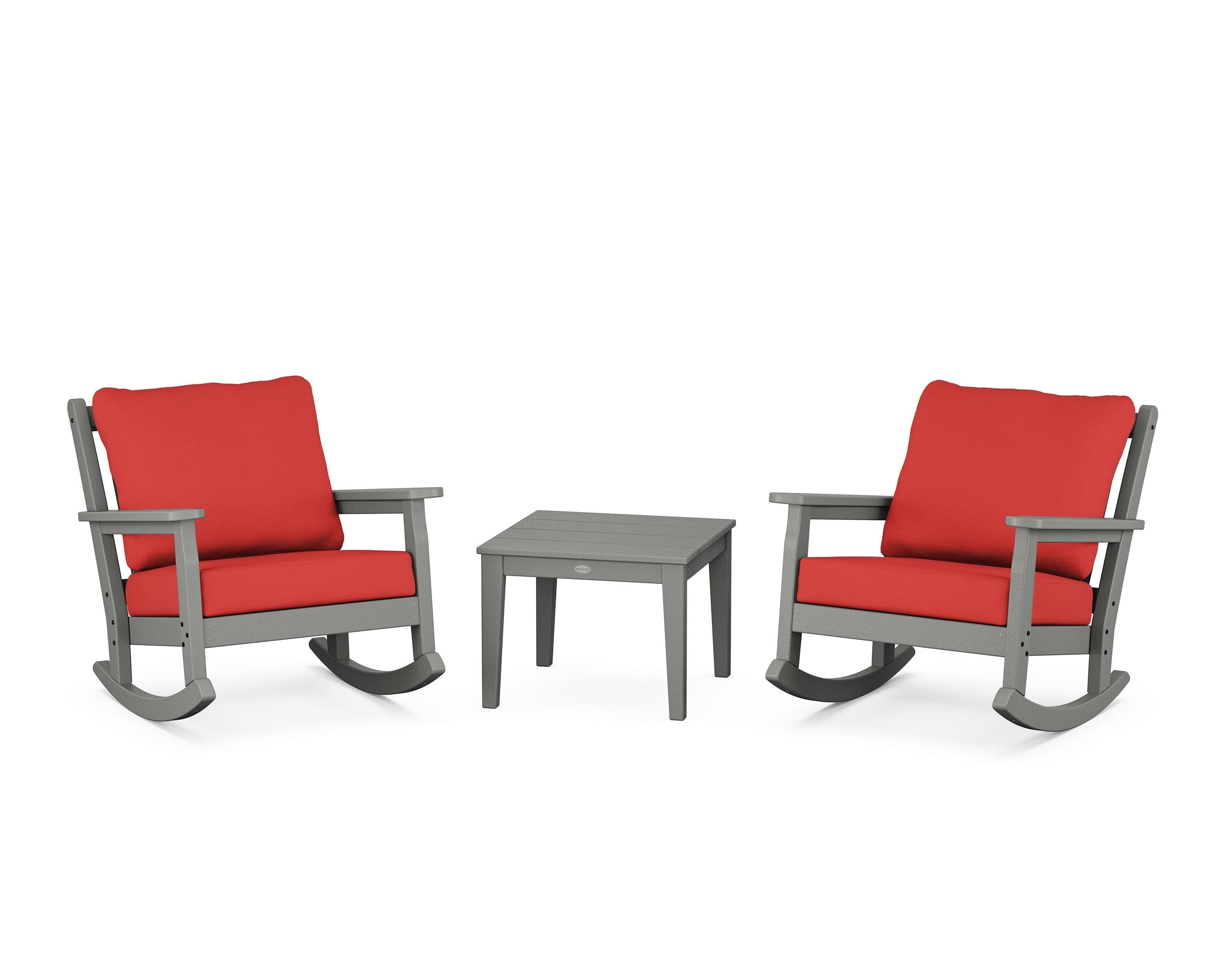 POLYWOOD Chippendale 3-Piece Deep Seating Rocker Set in Slate Grey / Crimson Linen