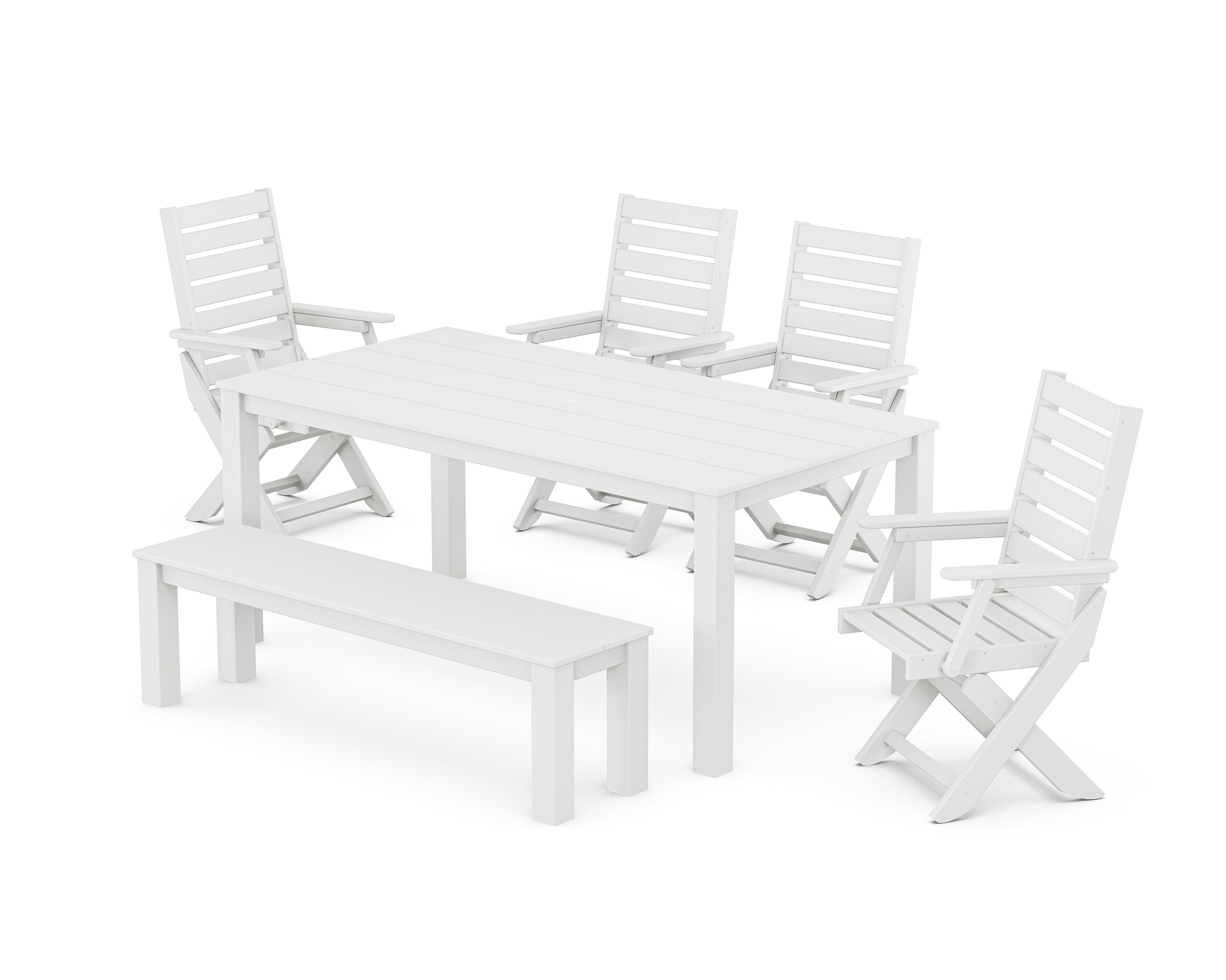 POLYWOOD® Captain Folding Chair 6-Piece Parsons Dining Set with Bench in White