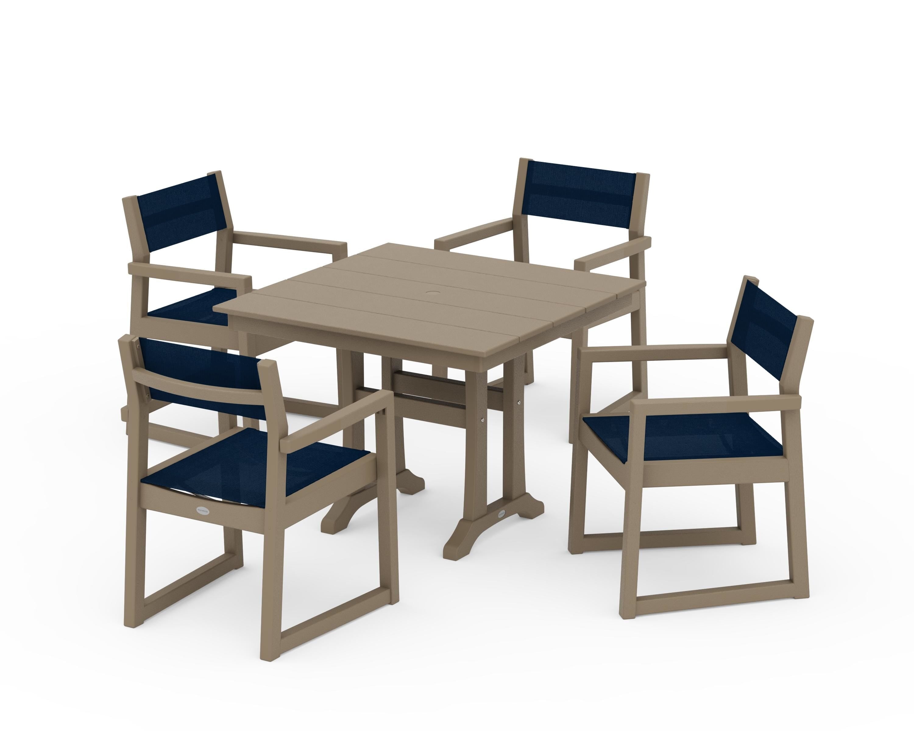POLYWOOD EDGE Sling 5-Piece Farmhouse Dining Set with Trestle Legs in Vintage Sahara / Navy Blue Sling