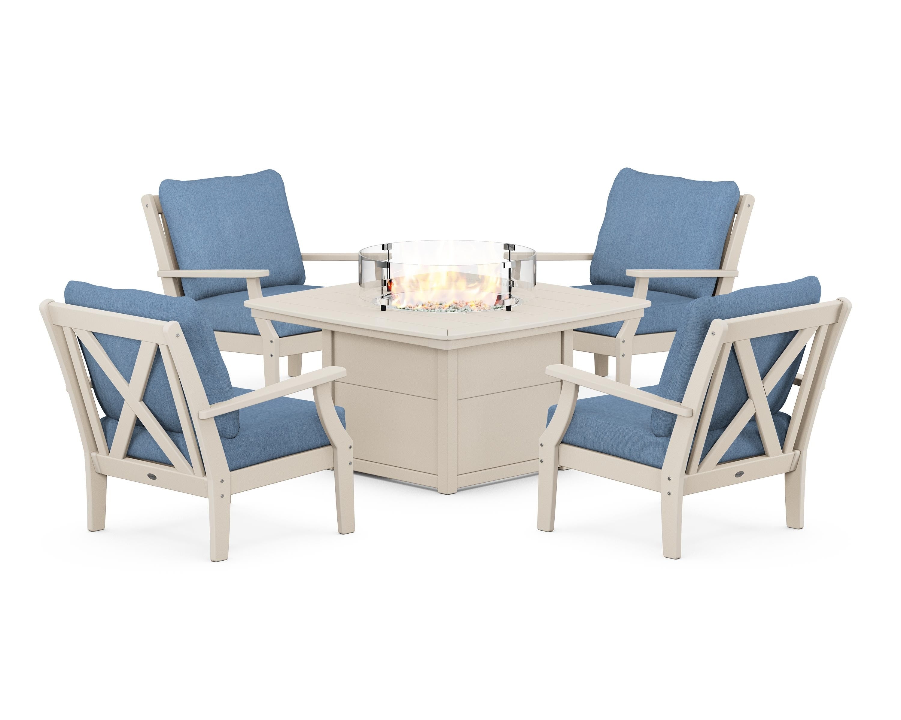 POLYWOOD Braxton 5-Piece Deep Seating Conversation Set with Fire Pit Table in Sand / Sky Blue