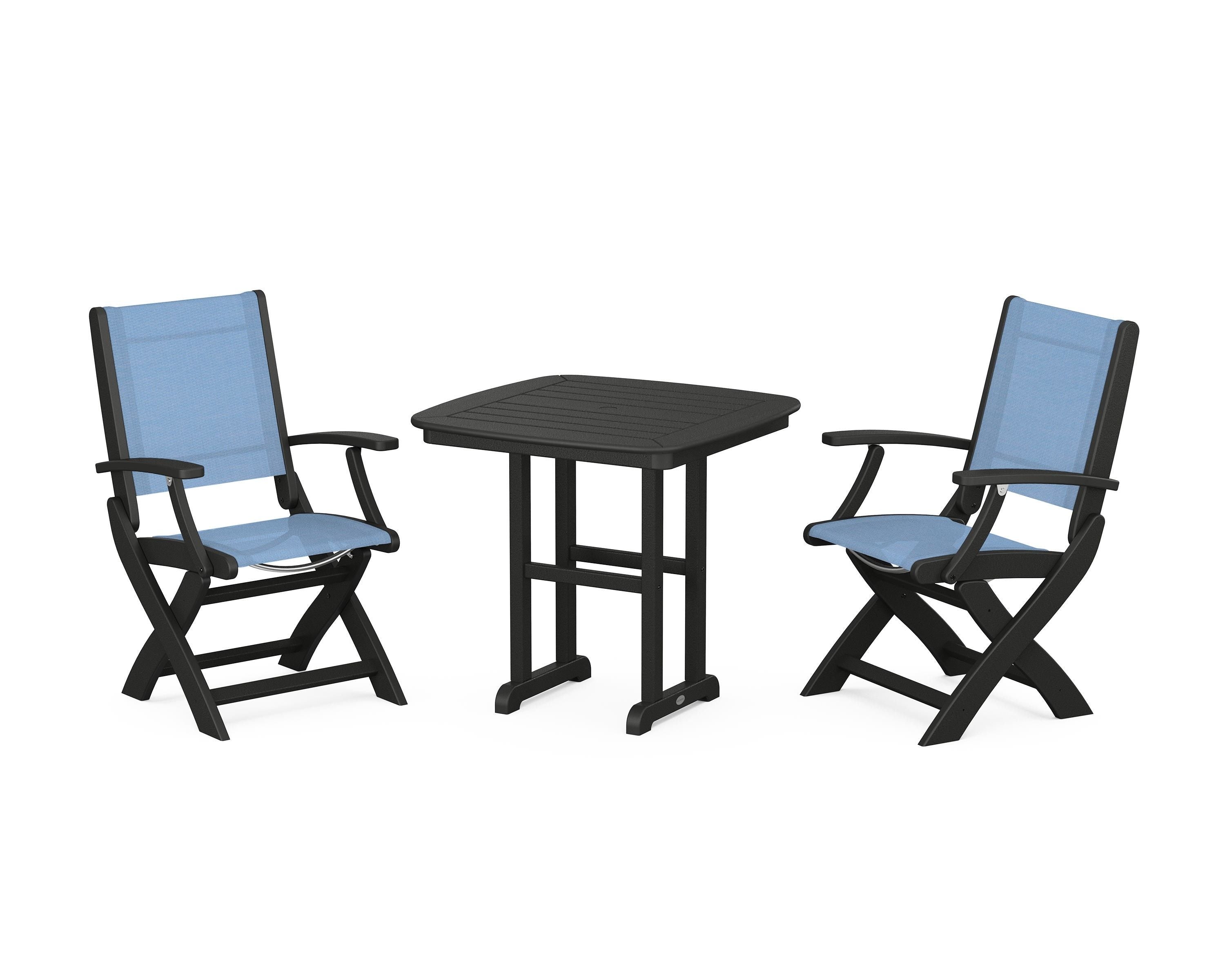POLYWOOD Coastal Folding Chair 3-Piece Dining Set in Black / Poolside Sling