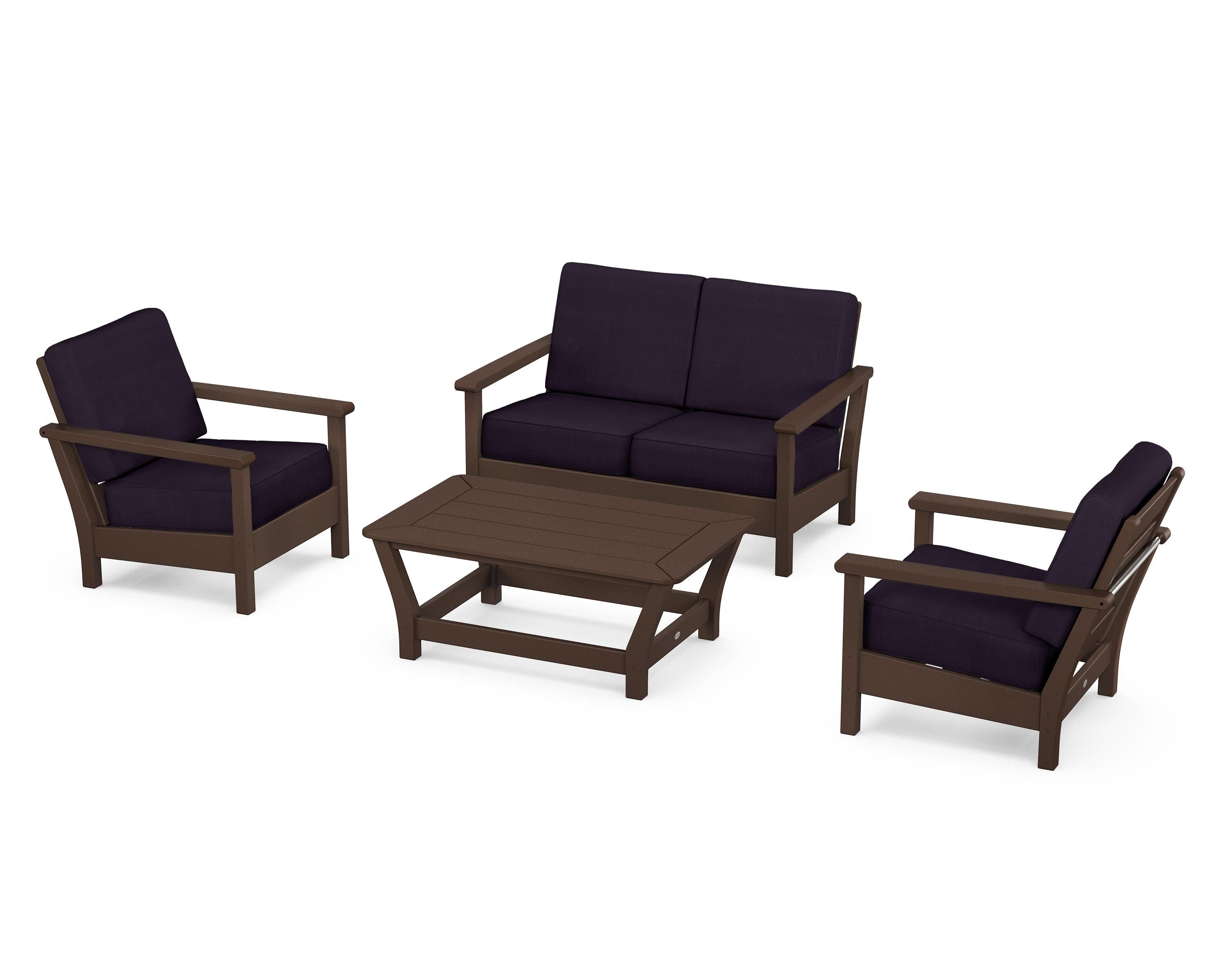 POLYWOOD Harbour 4-Piece Deep Seating Set in Mahogany / Navy Linen