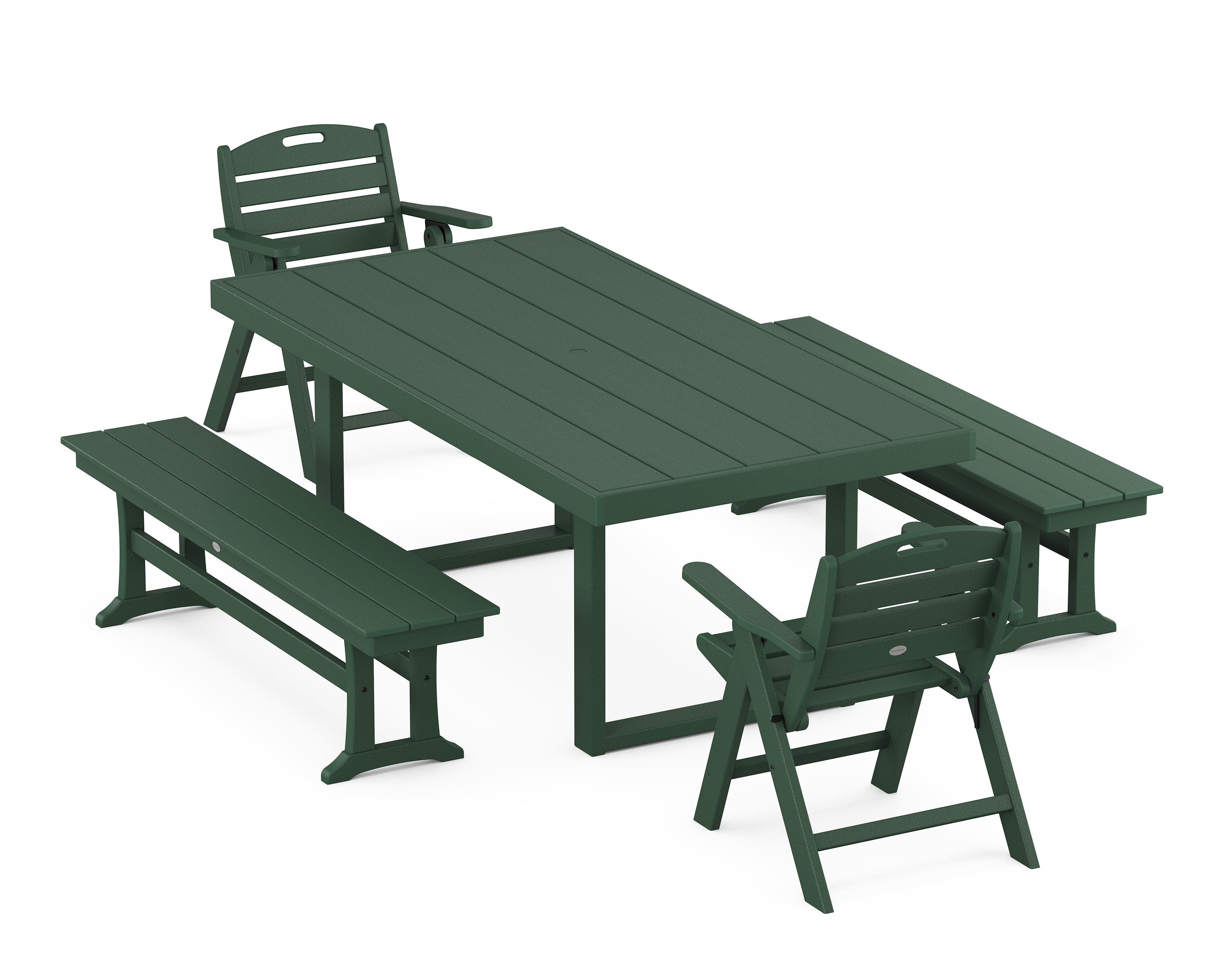 POLYWOOD® Nautical Lowback 5-Piece Dining Set with Benches in Green