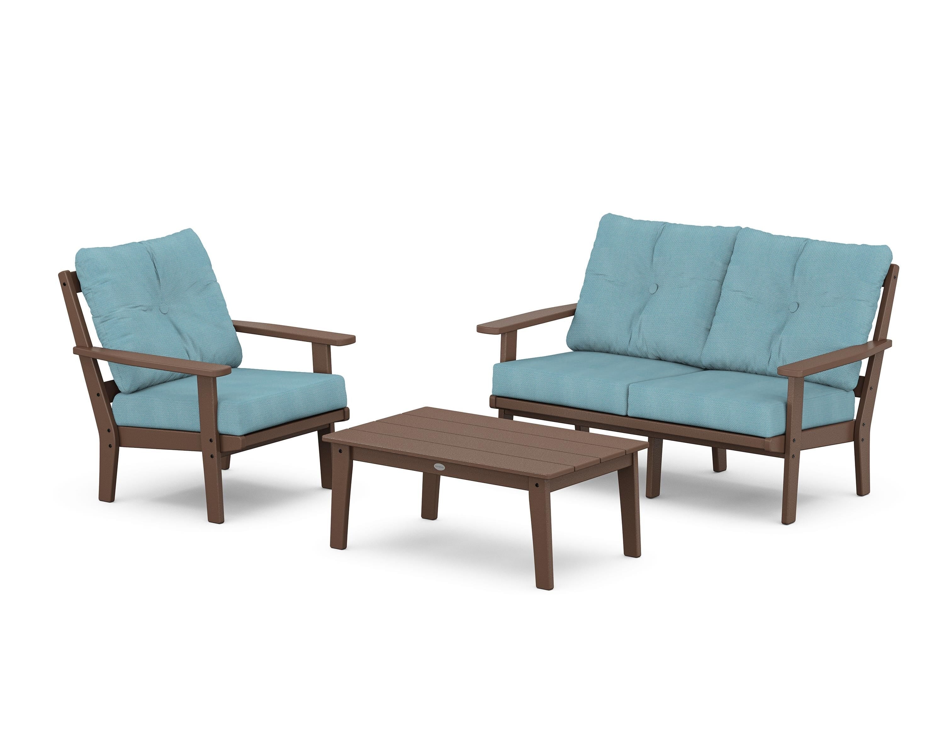 POLYWOOD Oxford 3-Piece Deep Seating Set with Loveseat in Mahogany / Lattice Sky Blue