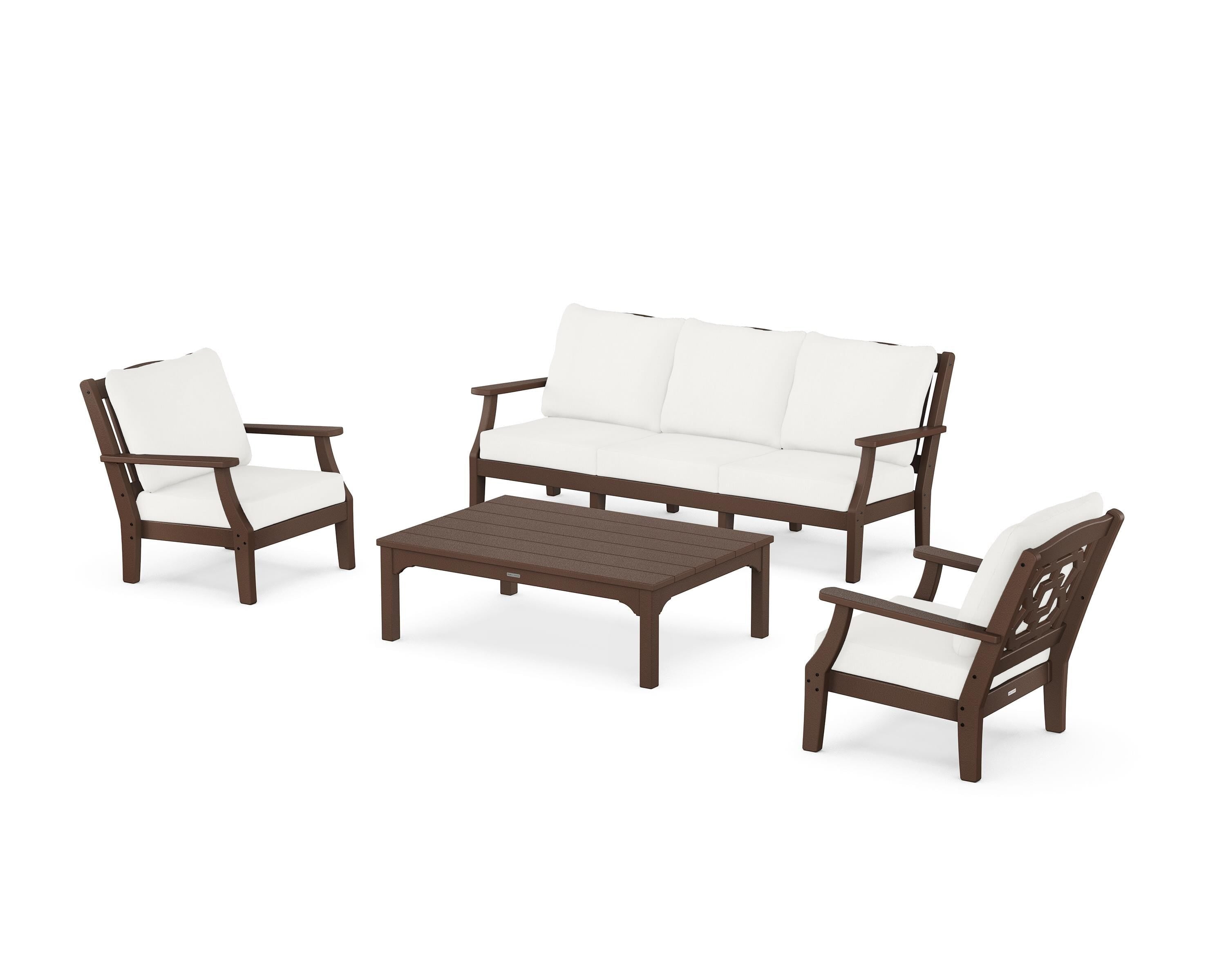 Martha Stewart by POLYWOOD Chinoiserie 4-Piece Deep Seating Set with Sofa in Mahogany / Natural Linen