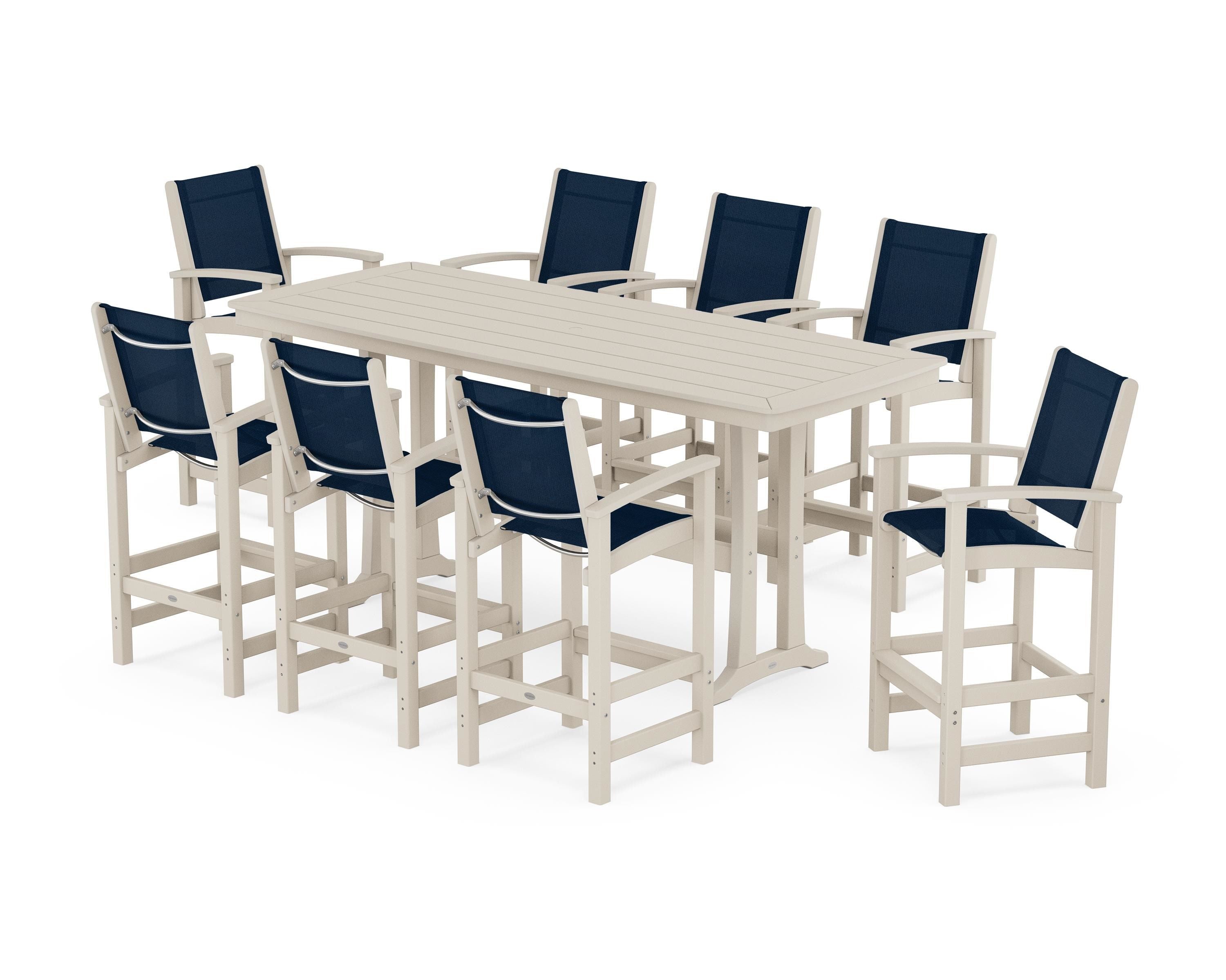 POLYWOOD Coastal 9-Piece Bar Set with Trestle Legs in Sand / Navy Blue Sling