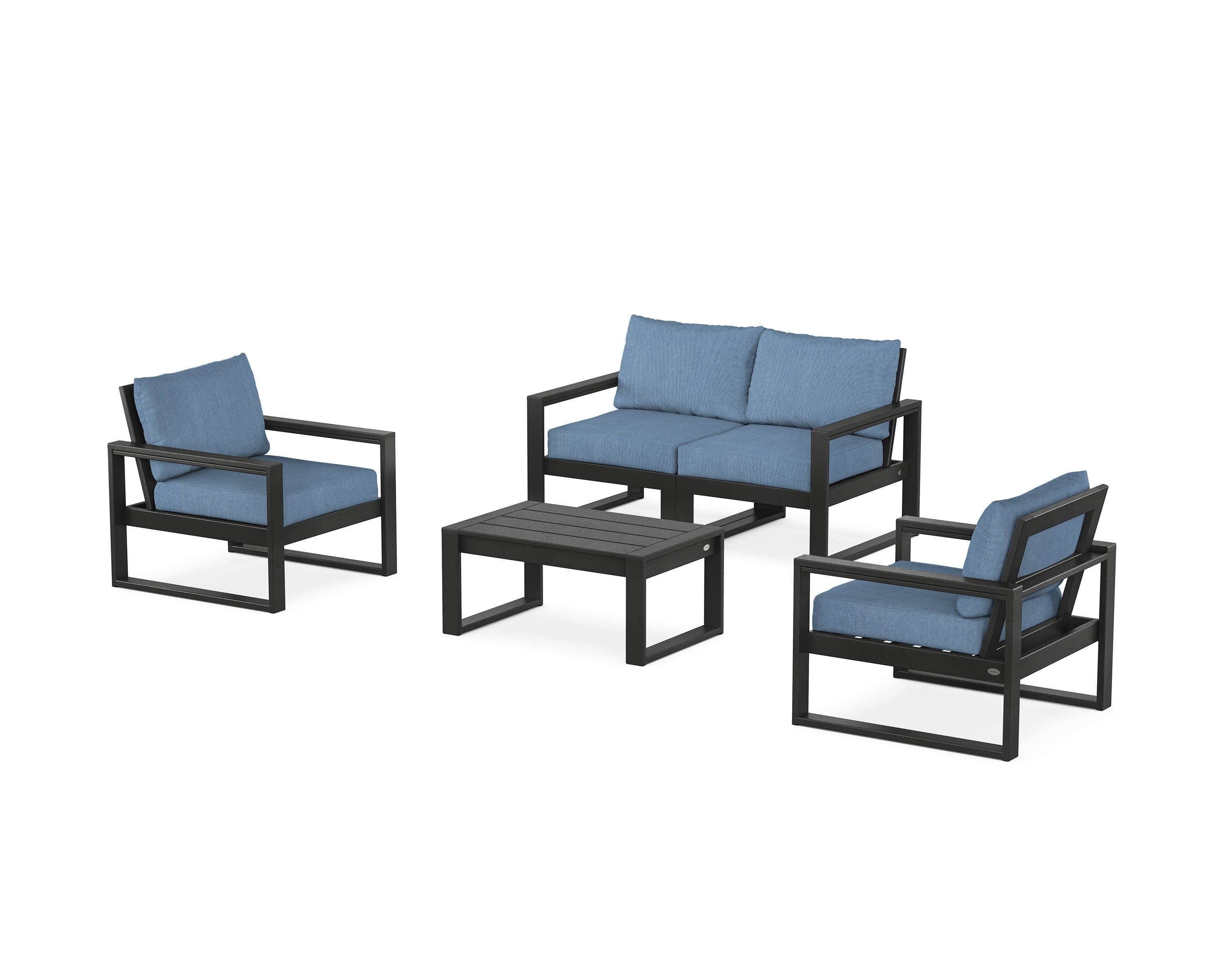 POLYWOOD EDGE Sectional 4-Piece Deep Seating Set with Loveseat in Black / Sky Blue