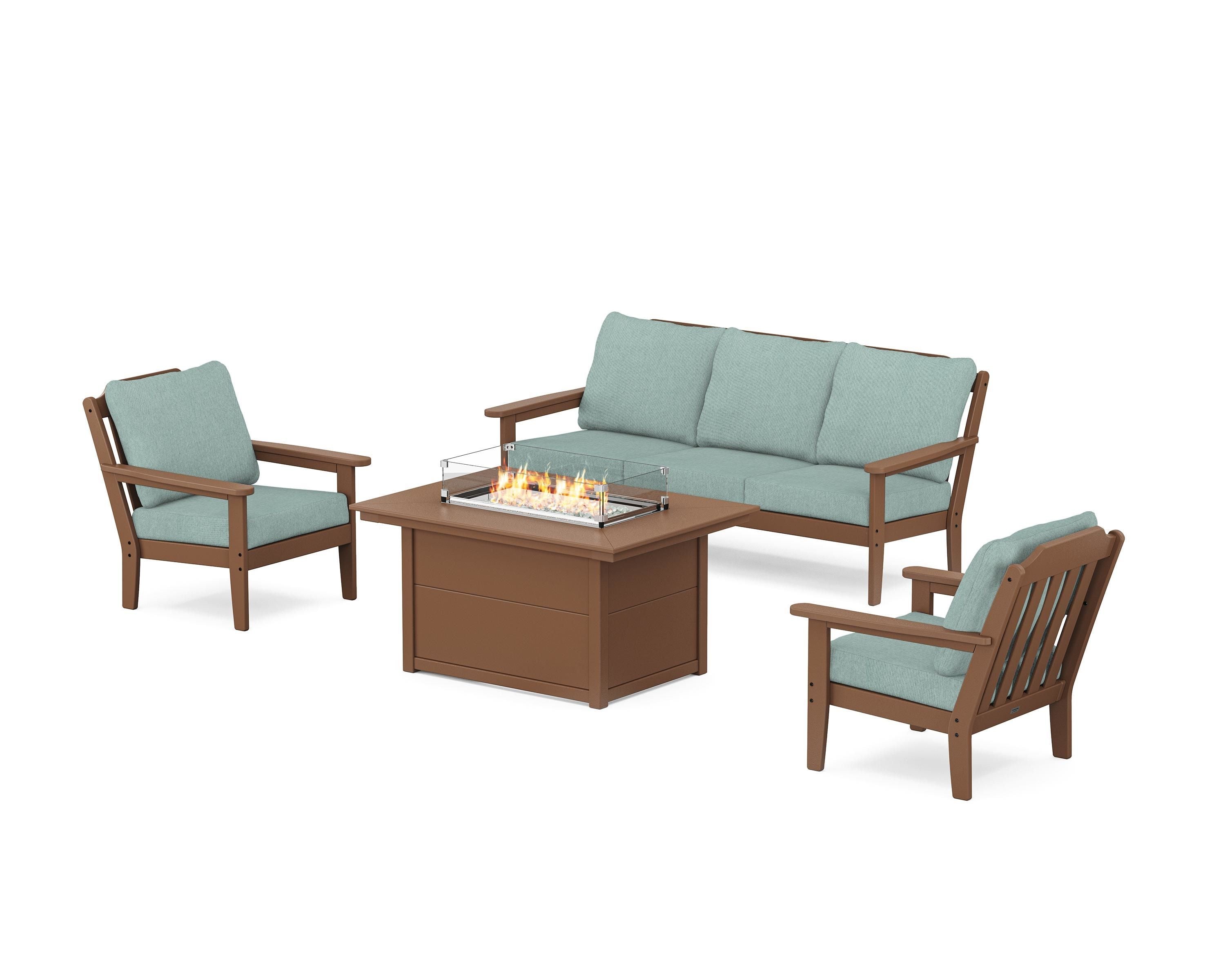 Country Living Cottage Deep Seating Fire Pit Table Set in Teak / Glacier Spa
