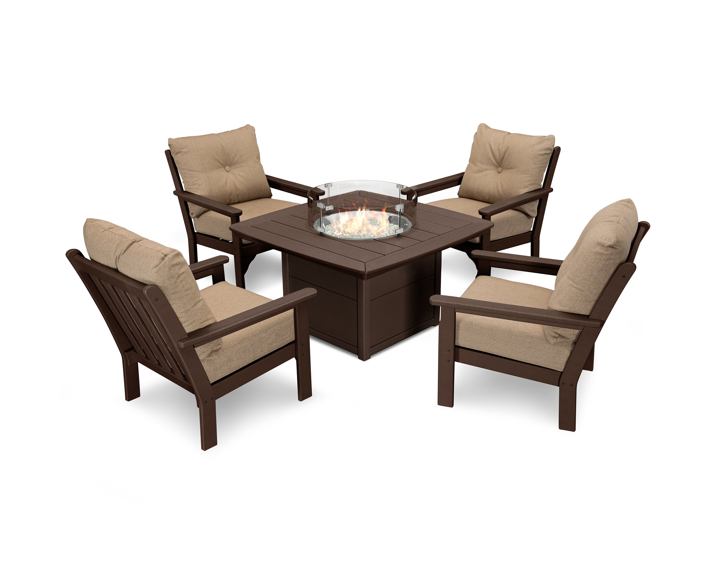 POLYWOOD Vineyard 5-Piece Conversation Set with Fire Pit Table in Mahogany / Sesame