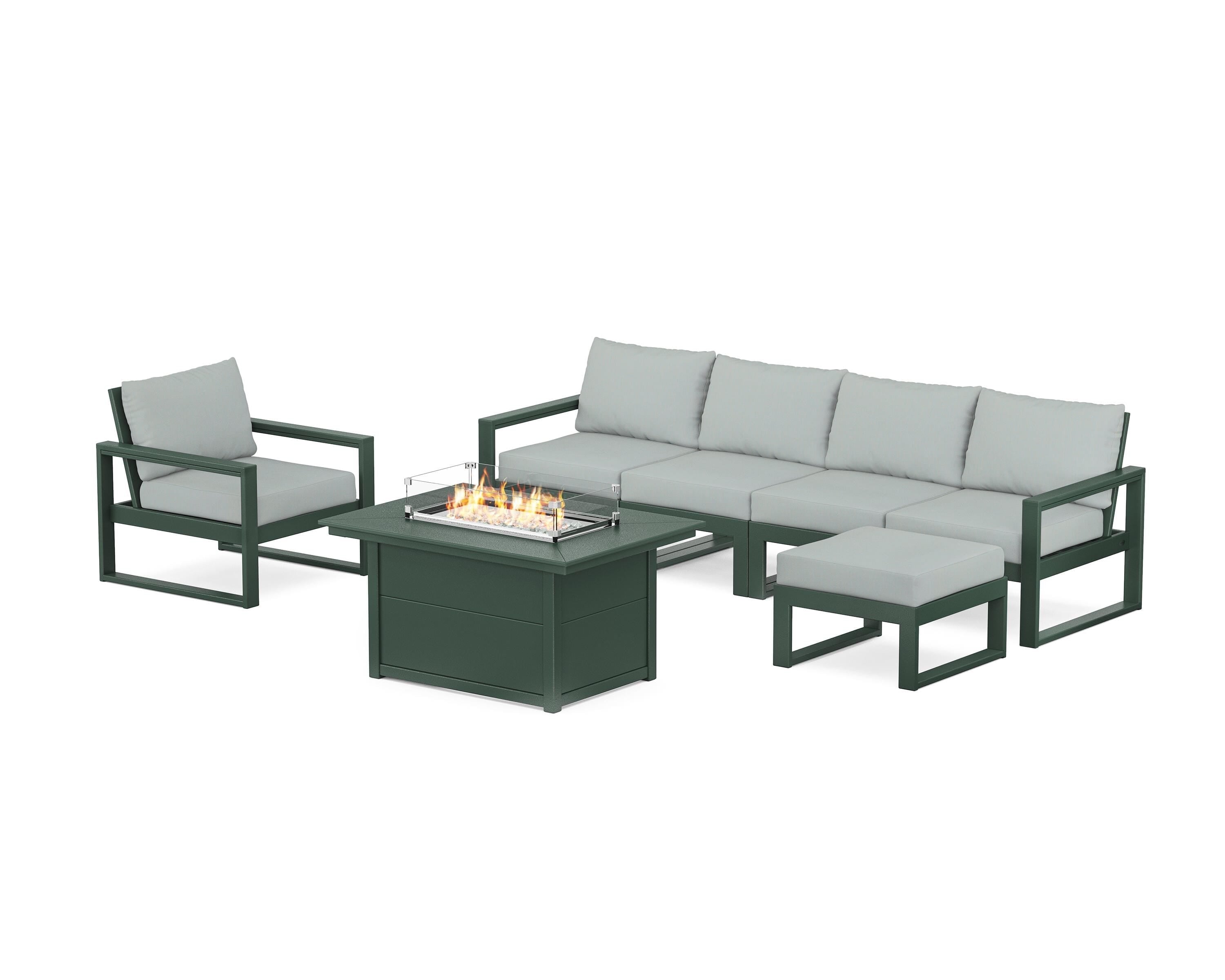 POLYWOOD EDGE Sectional Lounge and Fire Pit Set in Green / Spa