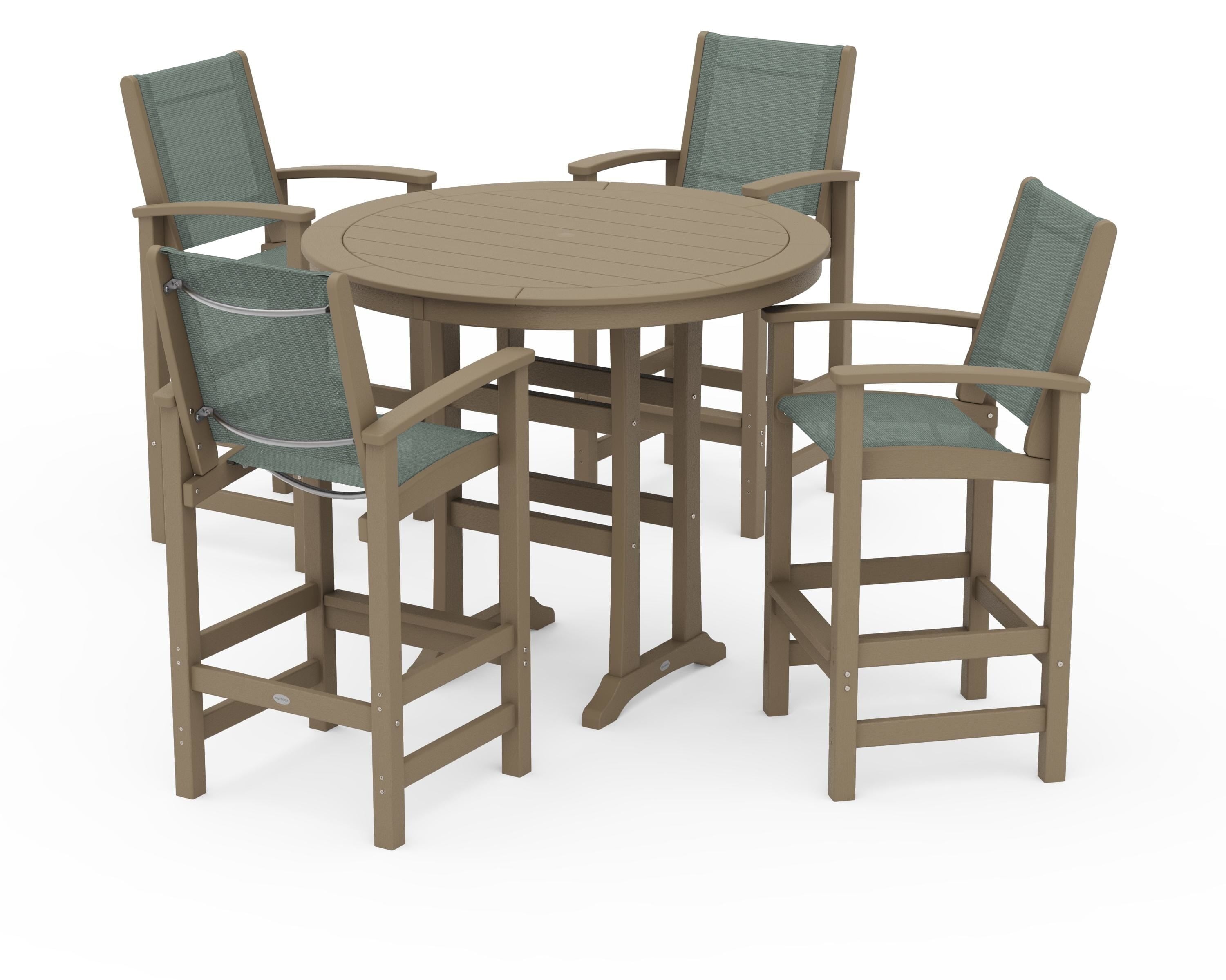 POLYWOOD Coastal 5-Piece Nautical Trestle Bar Set in Vintage Sahara / Dupioni Sea Mist Sling