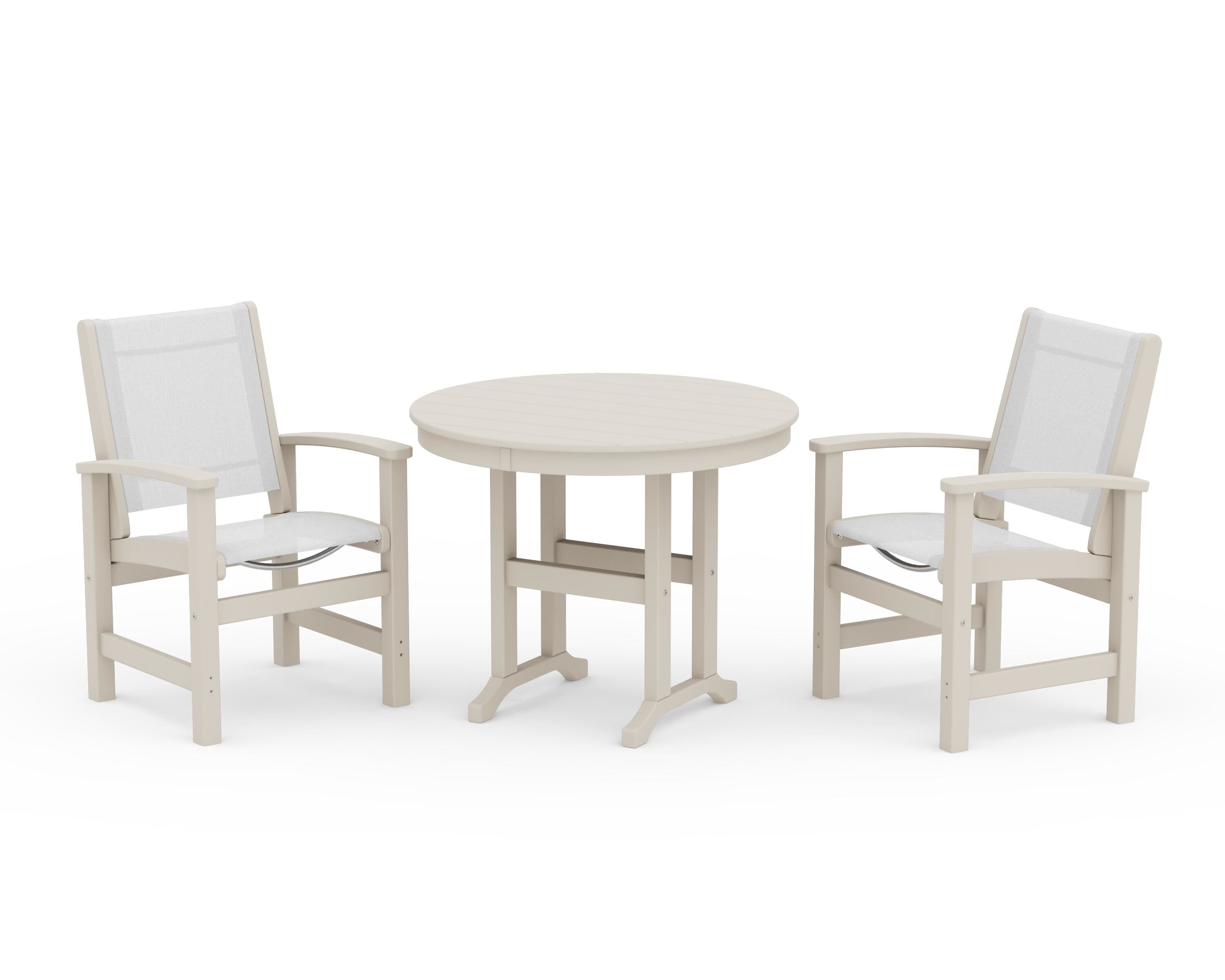 POLYWOOD Coastal 3-Piece Round Dining Set in Sand / White Sling