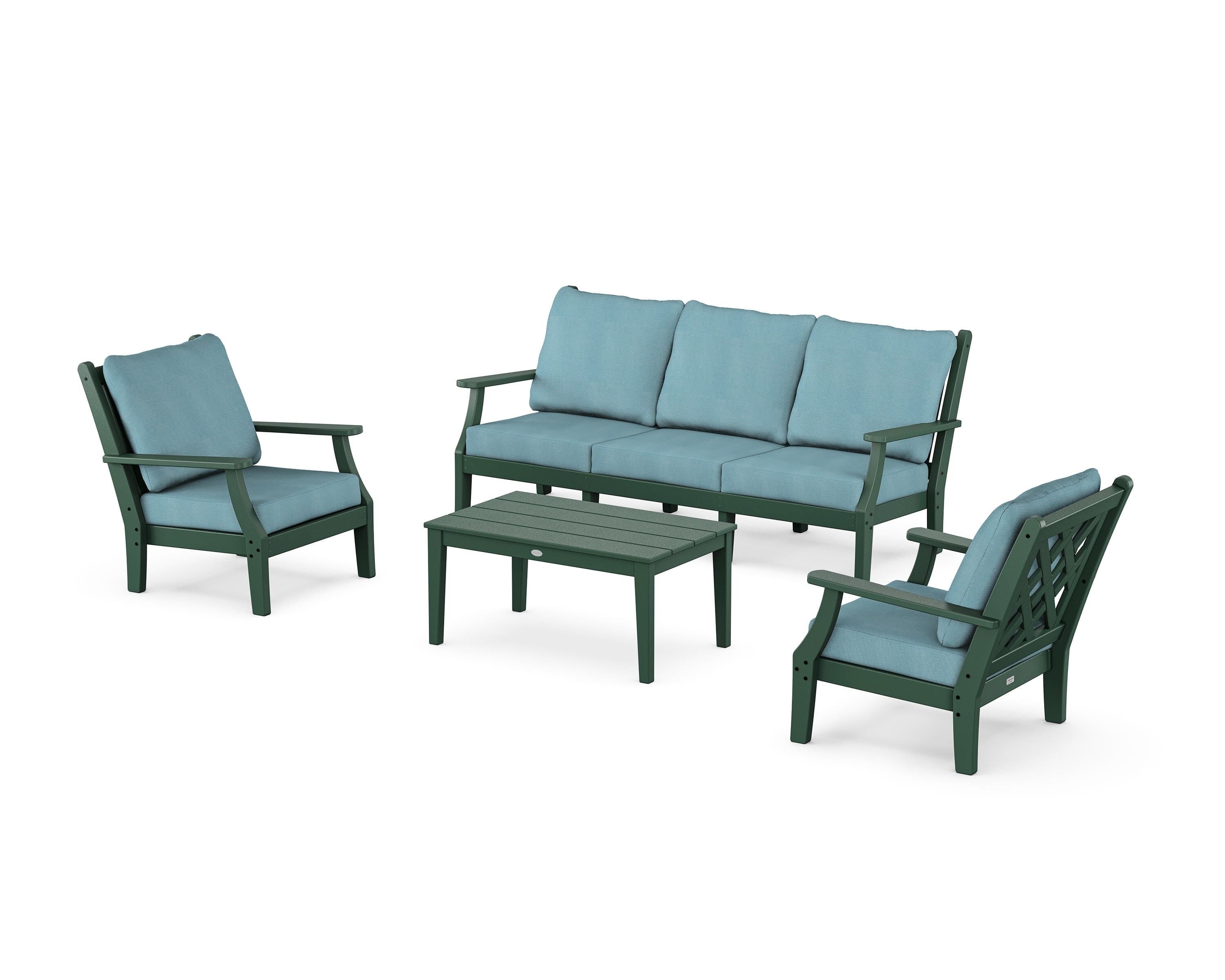 Country Living Wovendale 4-Piece Deep Seating Set with Sofa in Green / Lattice Sky Blue