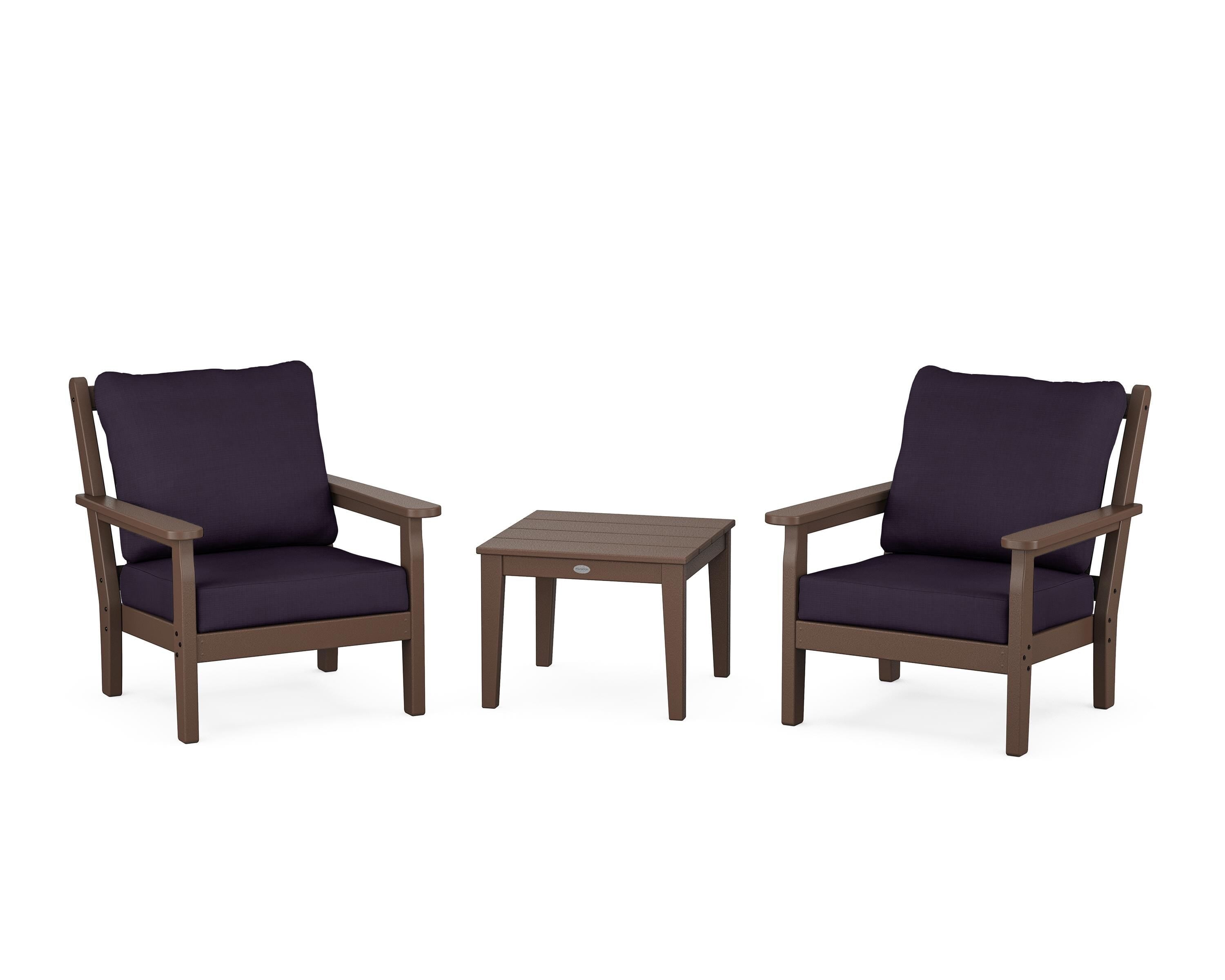 POLYWOOD Chippendale 3-Piece Deep Seating Set in Mahogany / Navy Linen